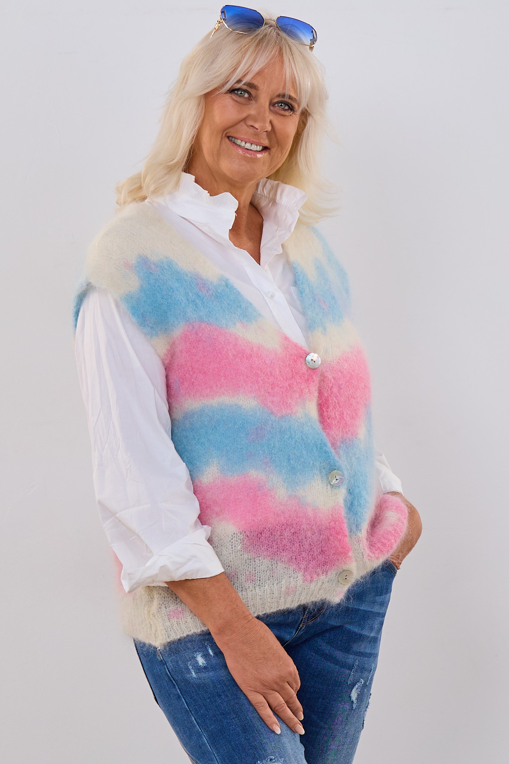 Mohair Weste, pink-blau-creme