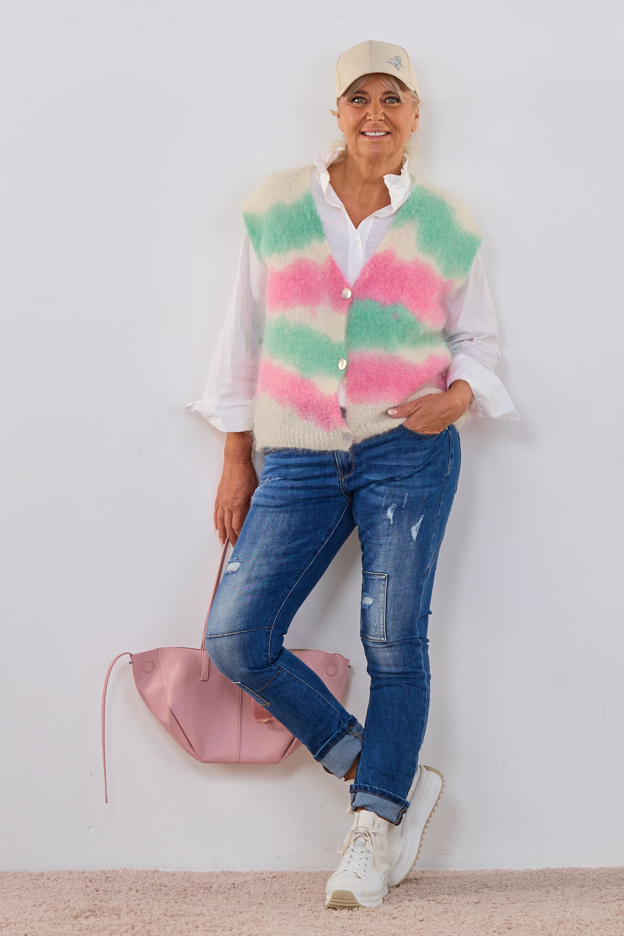 Mohair Weste, pink-mint-creme