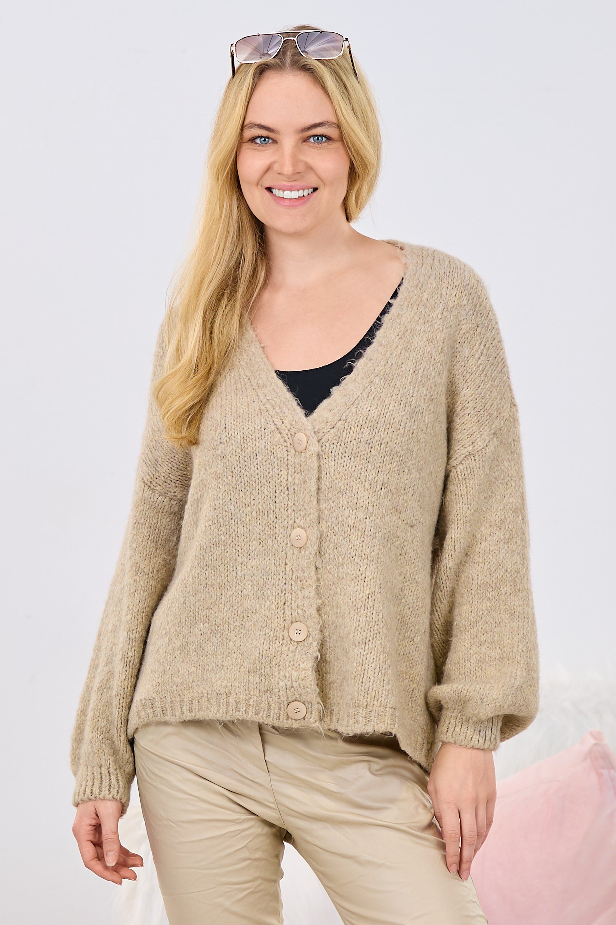 Cardigan mit Smiley, beige-pink-schwarz