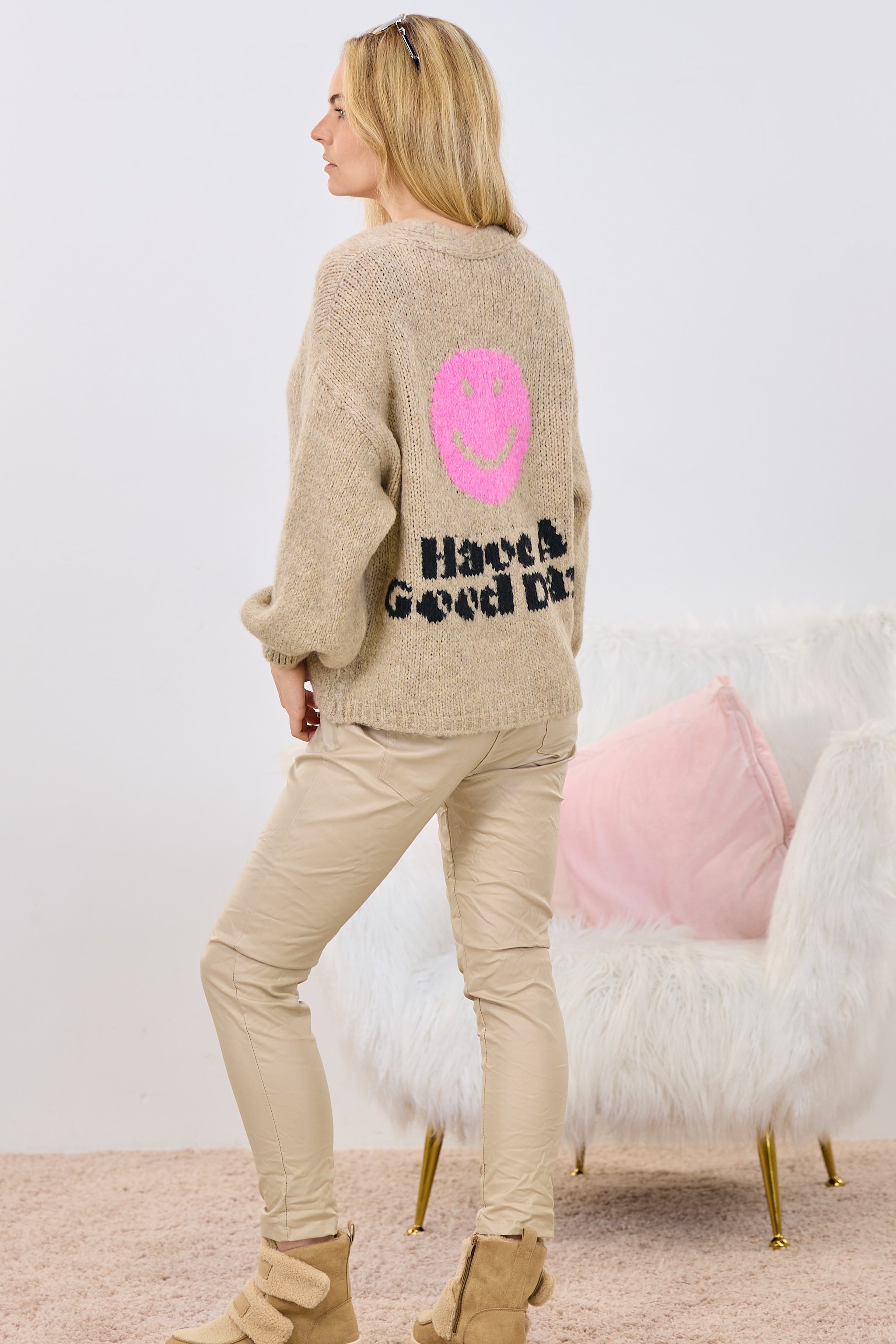 Cardigan mit Smiley, beige-pink-schwarz