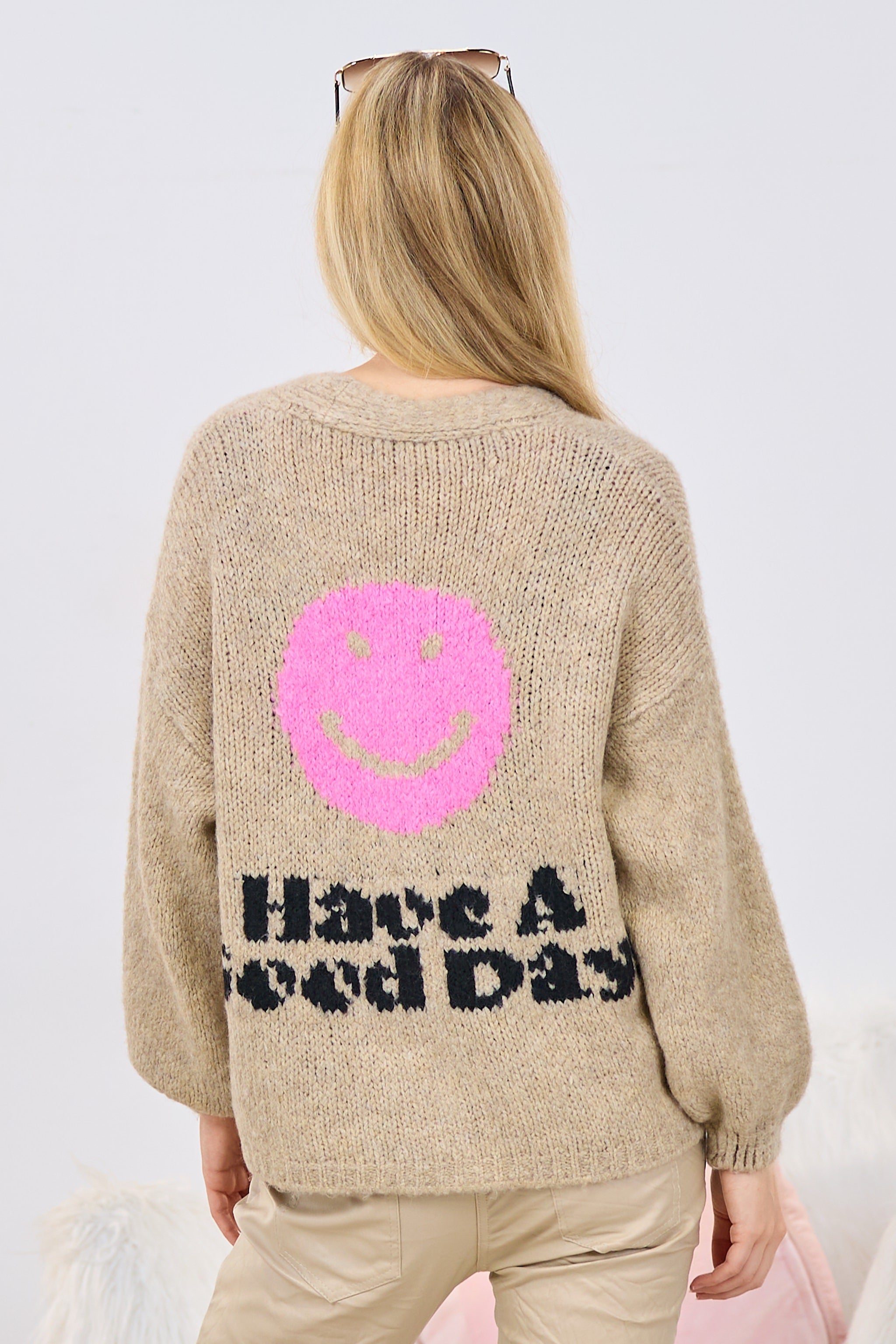 Cardigan mit Smiley, beige-pink-schwarz