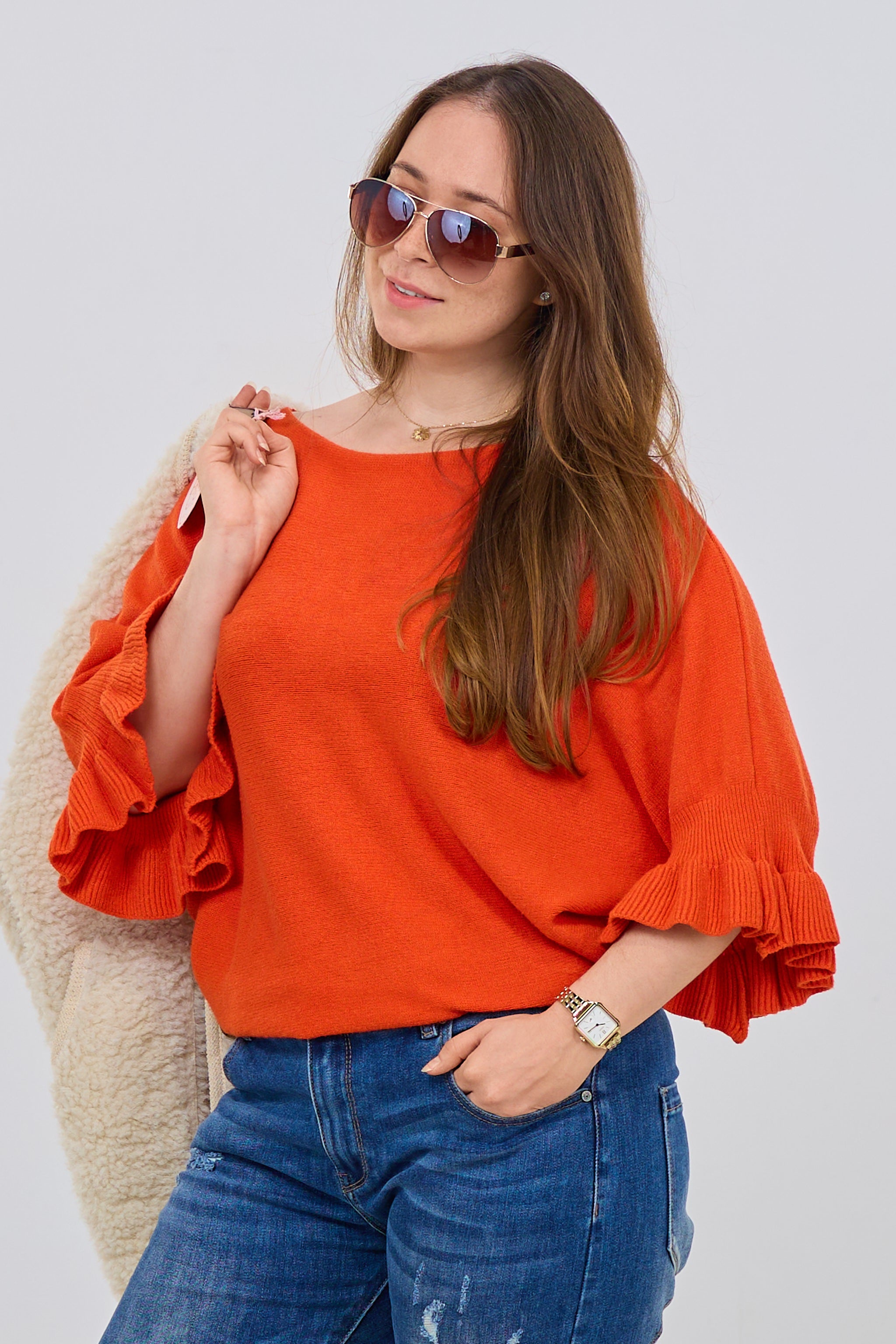 Strickpulli mit Rüschenärmeln, orange