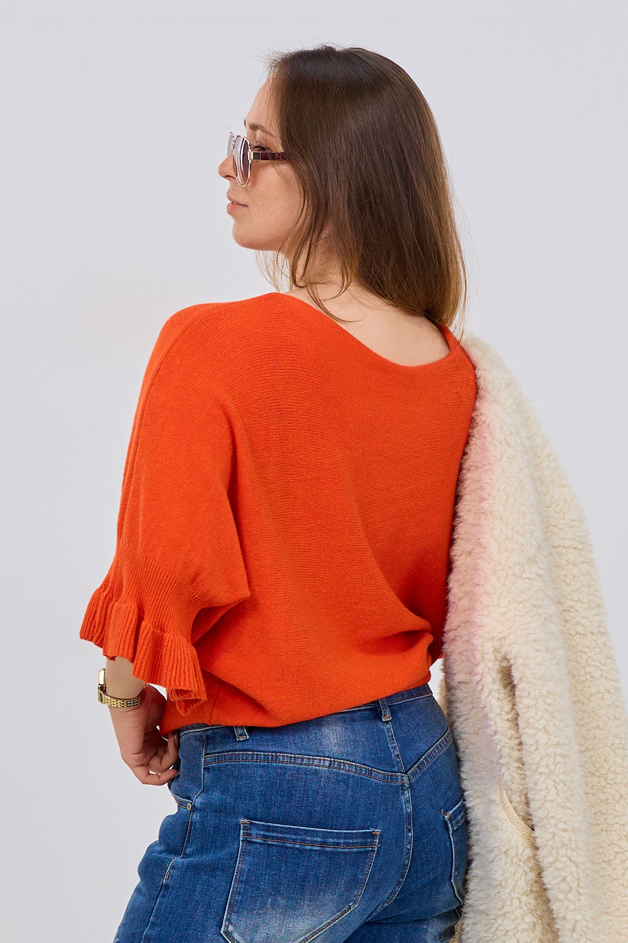 Strickpulli mit Rüschenärmeln, orange