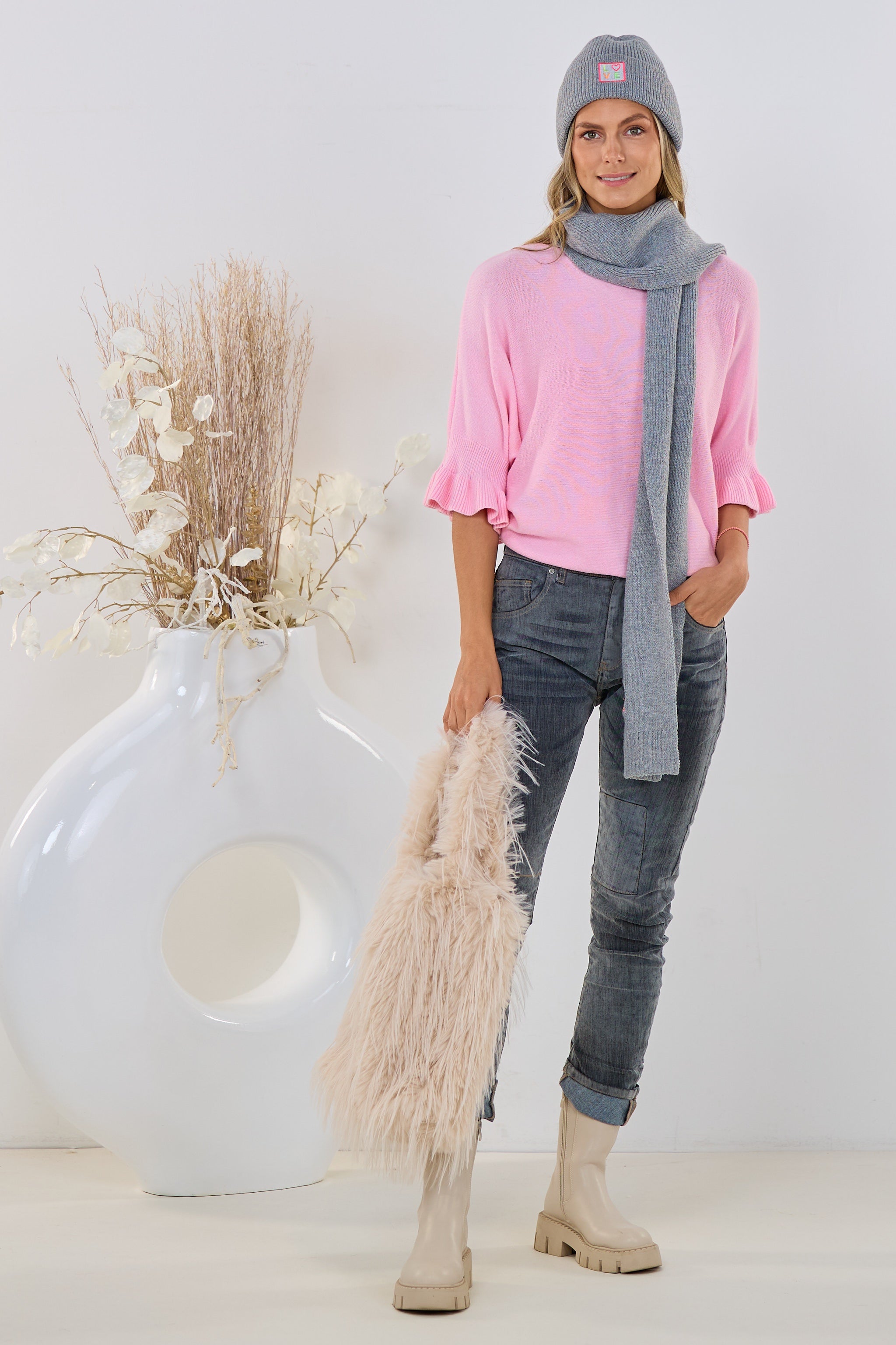 Strickpulli mit Rüschenärmeln, rosa