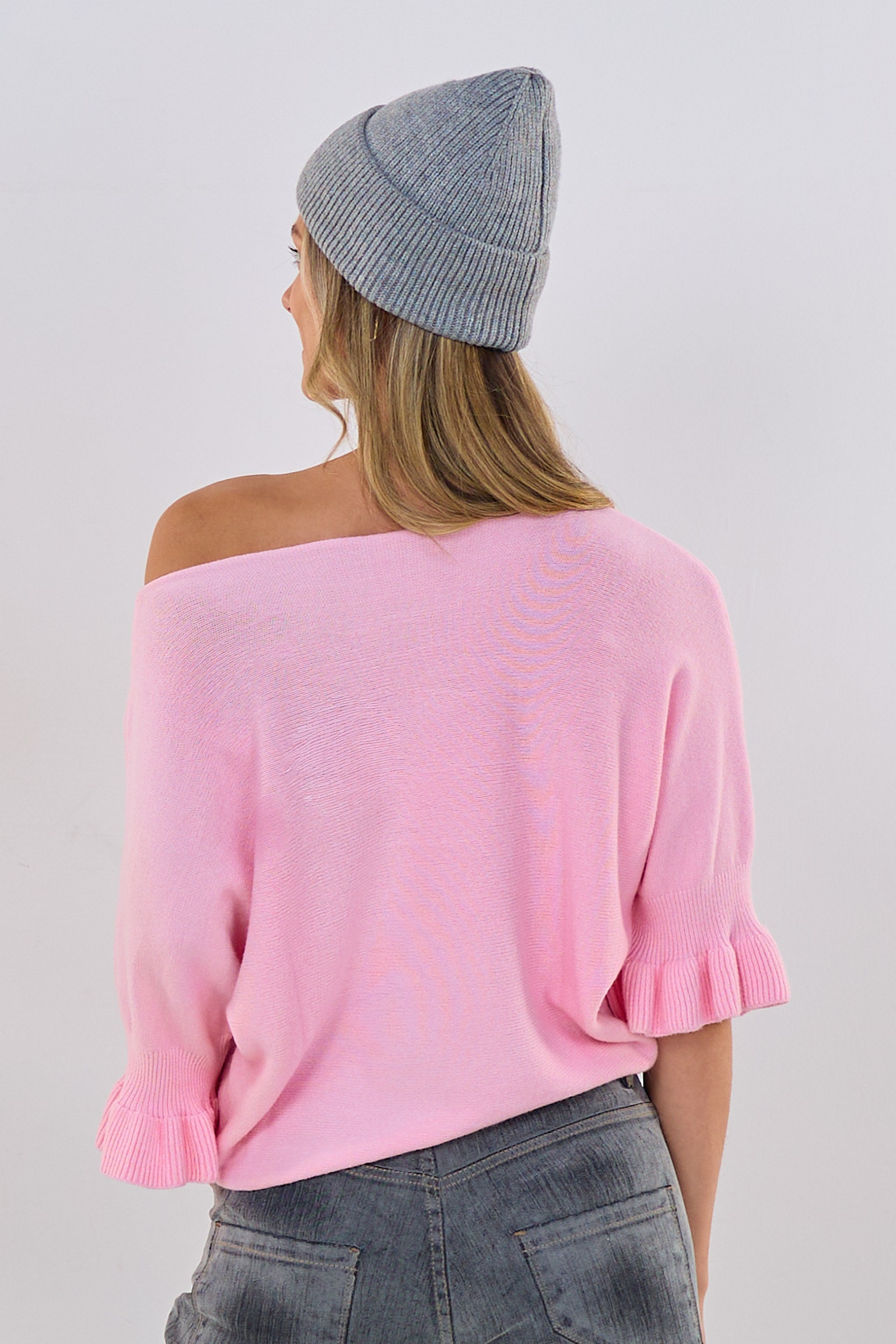 Strickpulli mit Rüschenärmeln, rosa