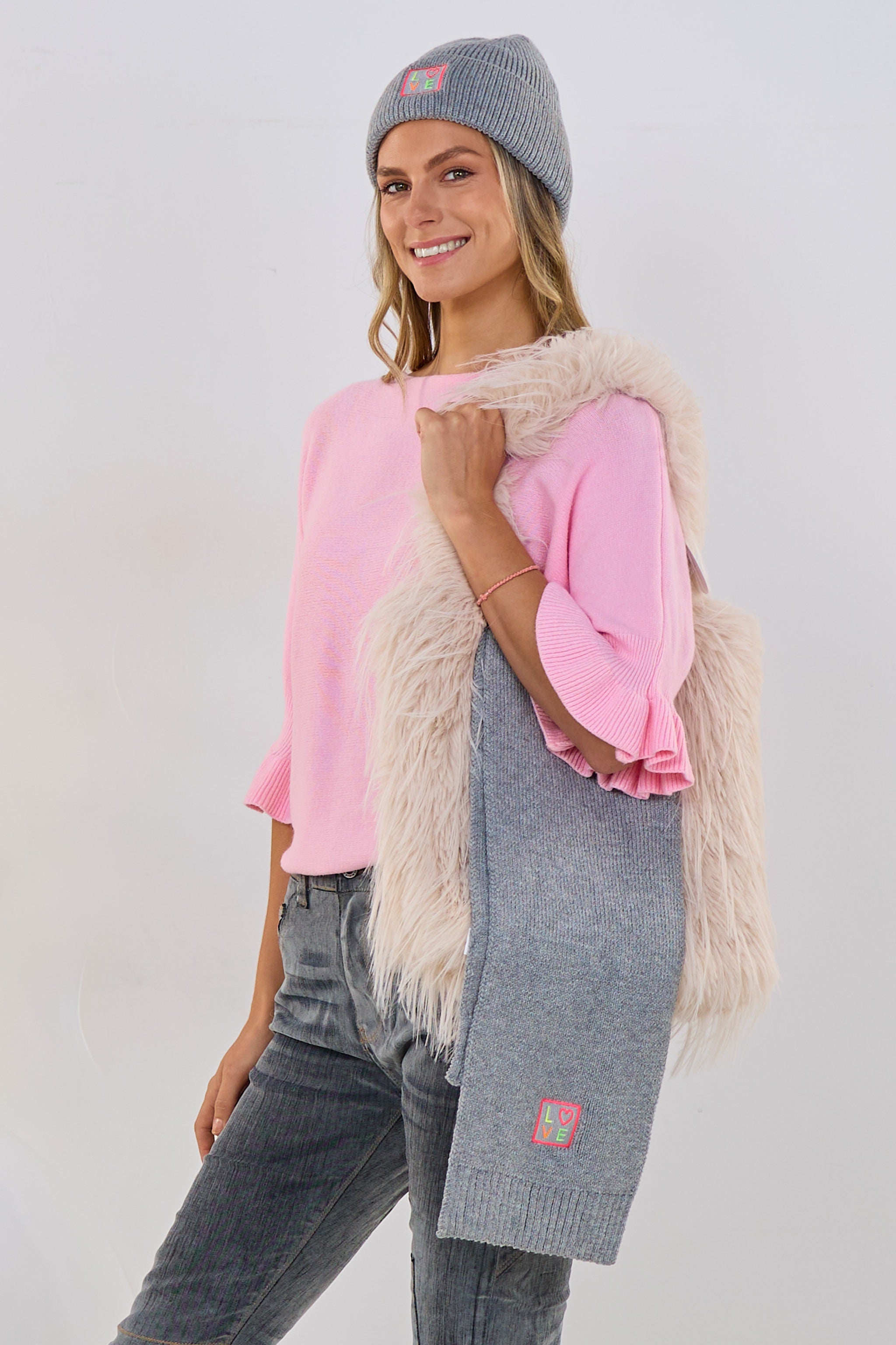 Strickpulli mit Rüschenärmeln, rosa