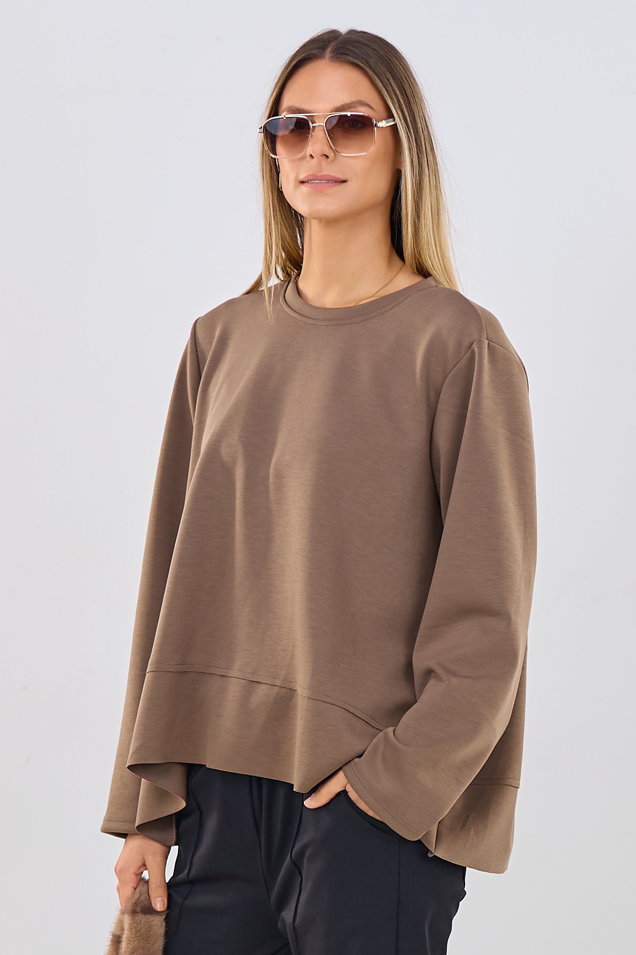 Cozy Basic Shirt mit Rundhalsausschnitt, taupe