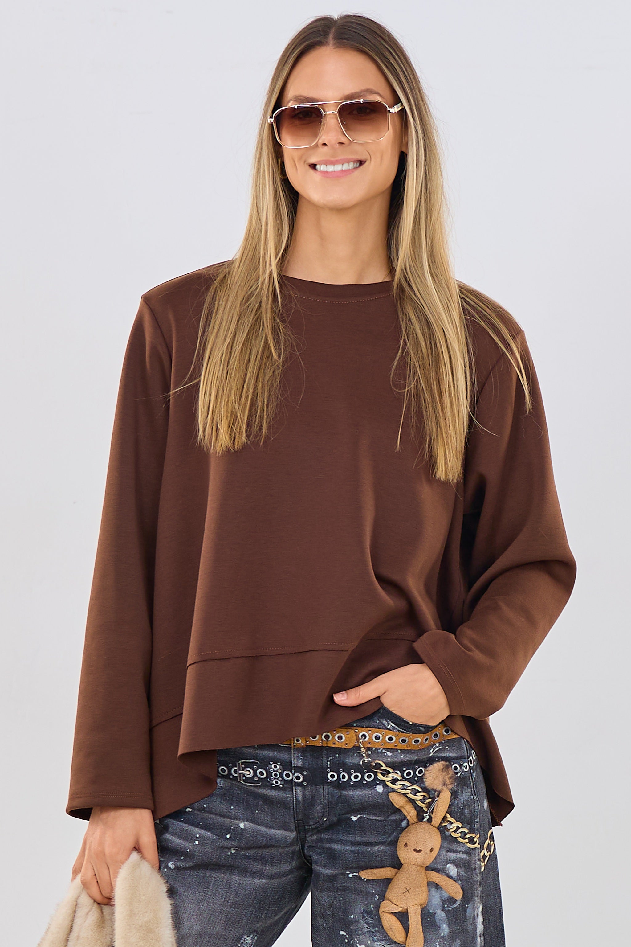 Cozy Basic Shirt mit Rundhalsausschnitt, braun