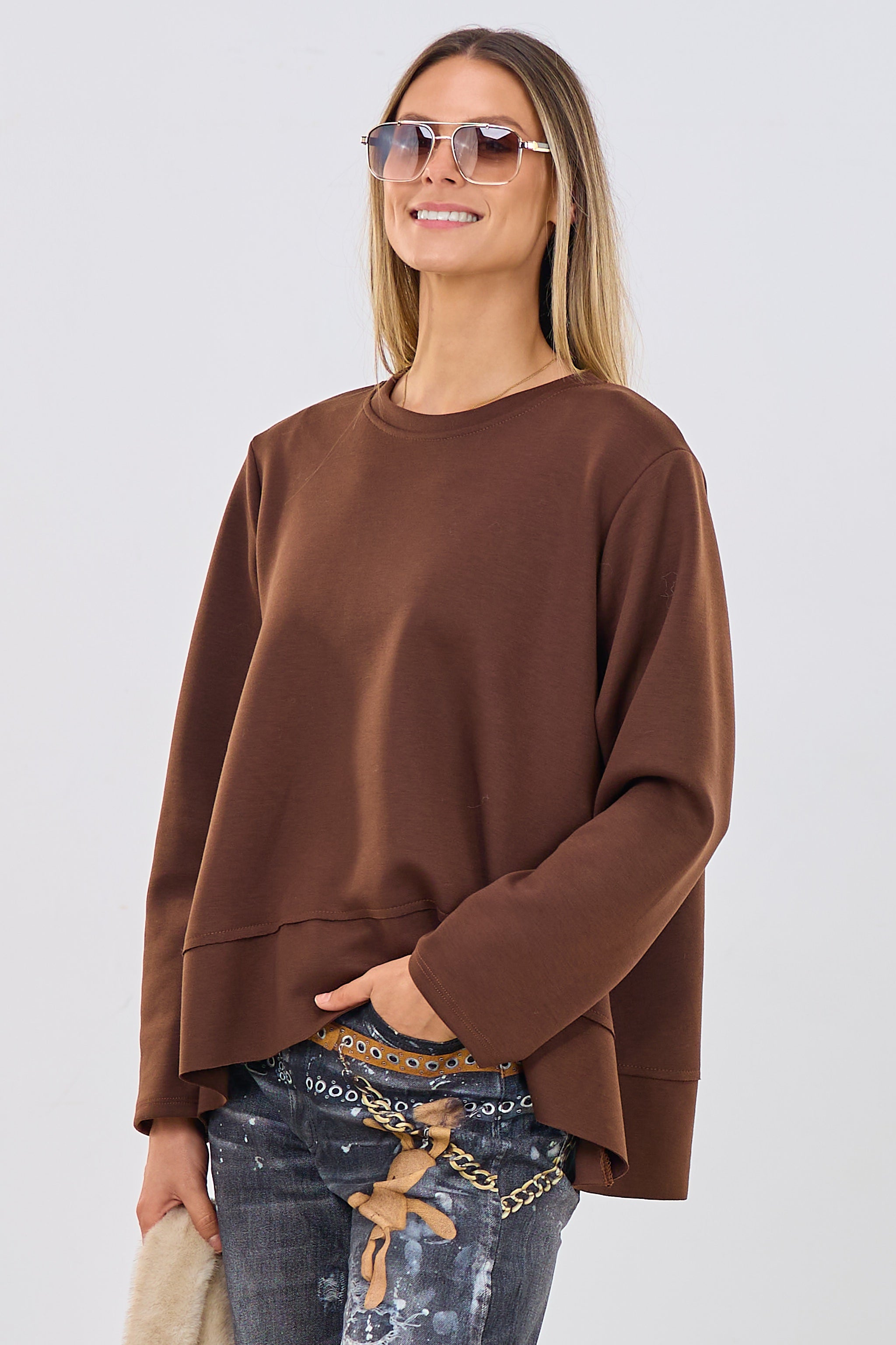 Cozy Basic Shirt mit Rundhalsausschnitt, braun