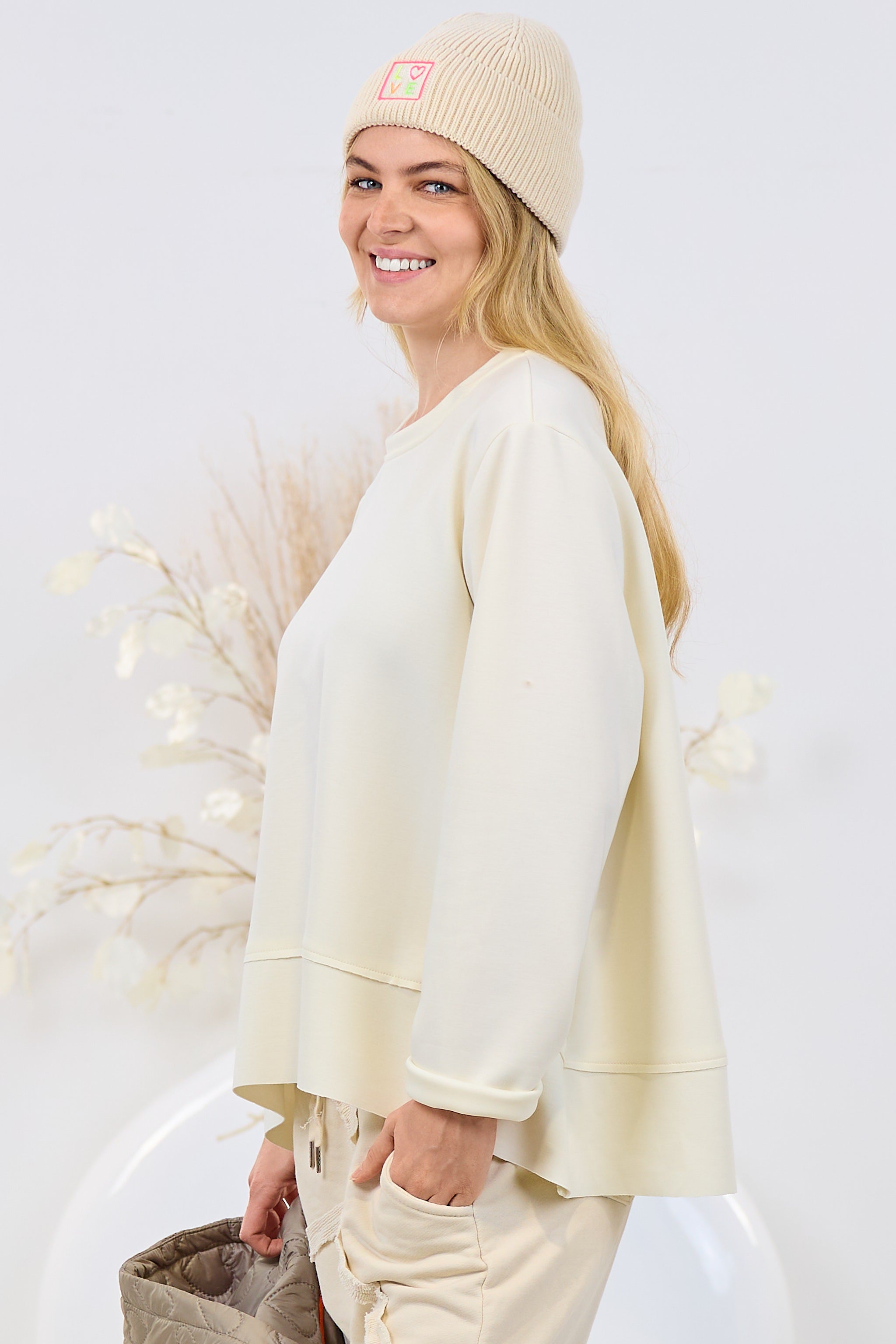 Cozy Basic Shirt mit Rundhalsausschnitt, ecru