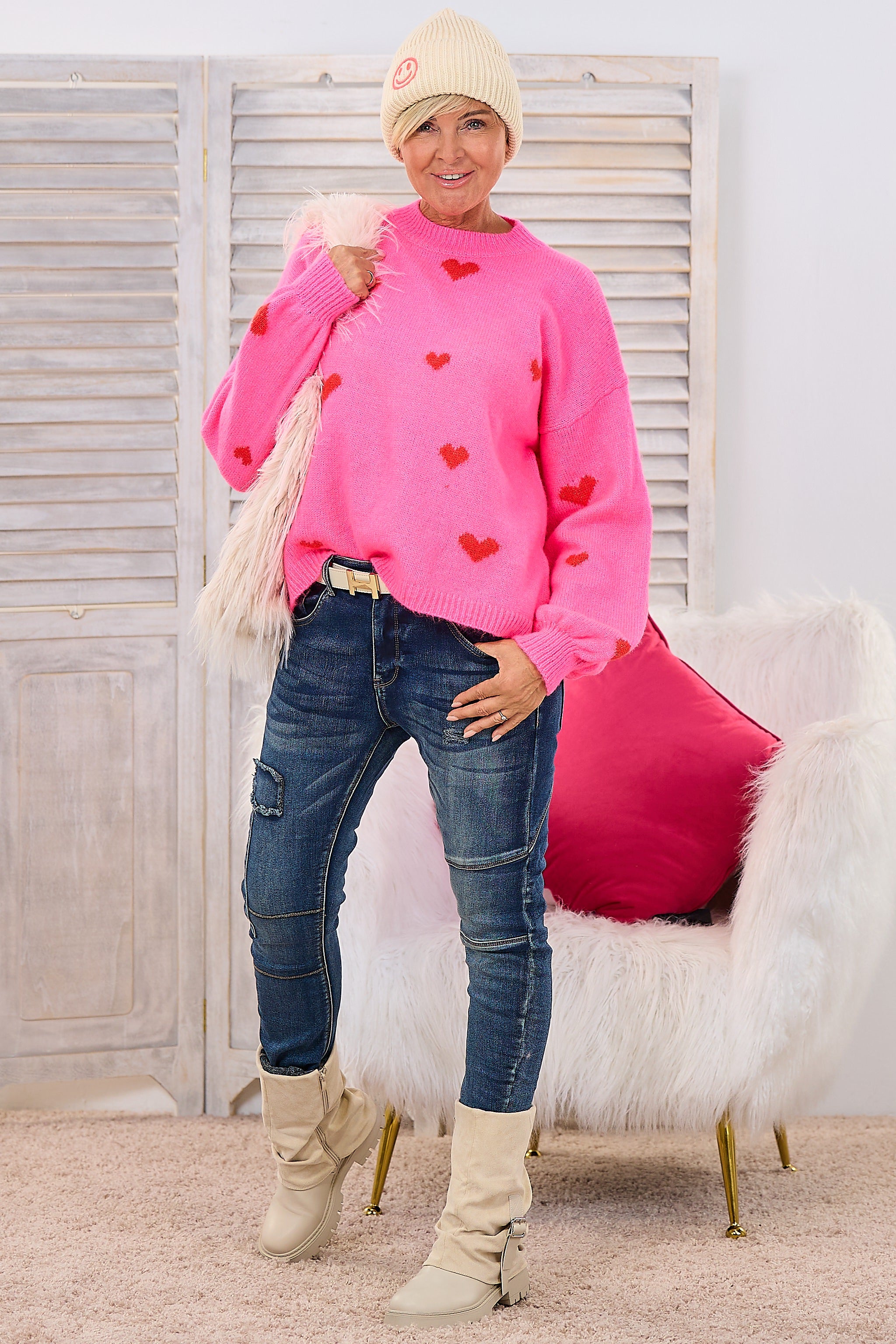 Strickpulli mit Herzen, pink-rot