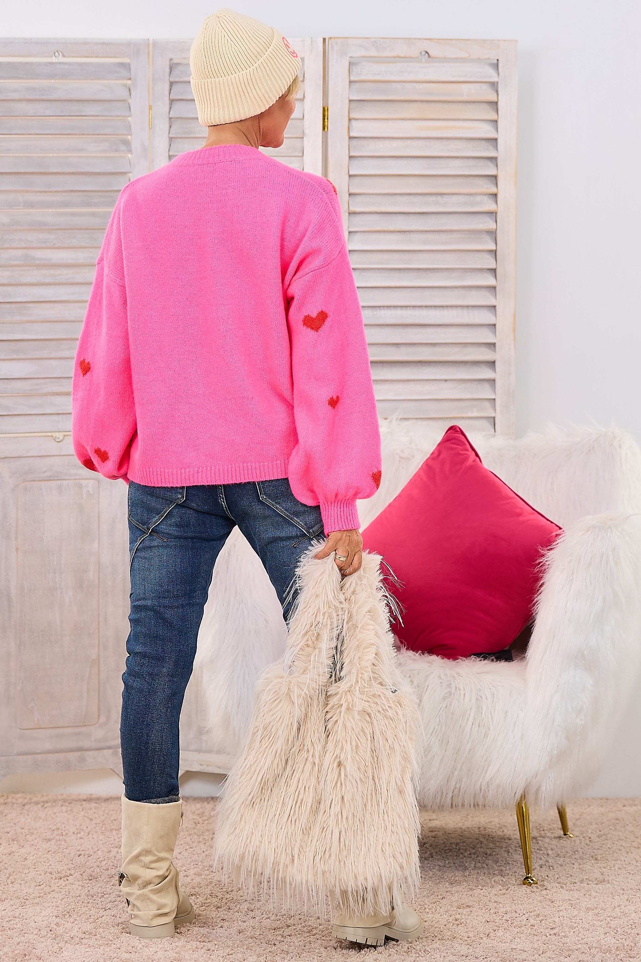 Strickpulli mit Herzen, pink-rot