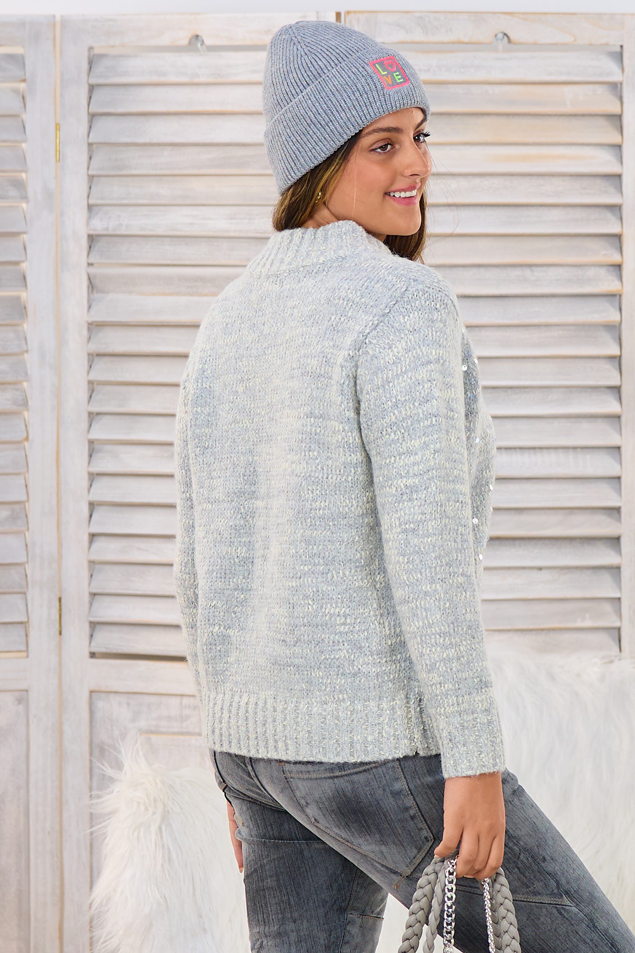 Strickjacke mit Pailletten, grau-ecru-melliert