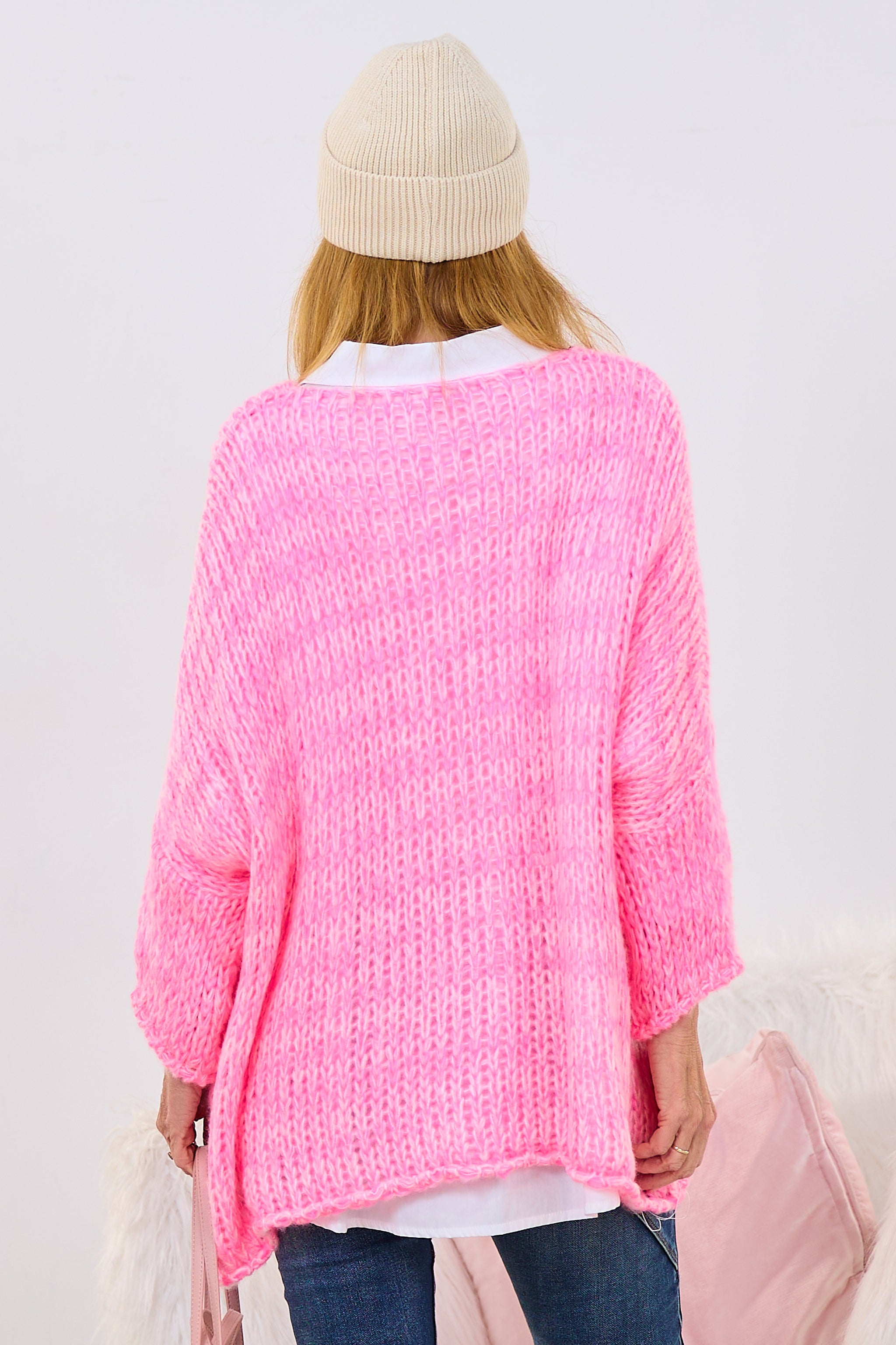 Oversized Strickpulli mit V-Ausschnitt, pink-ecru