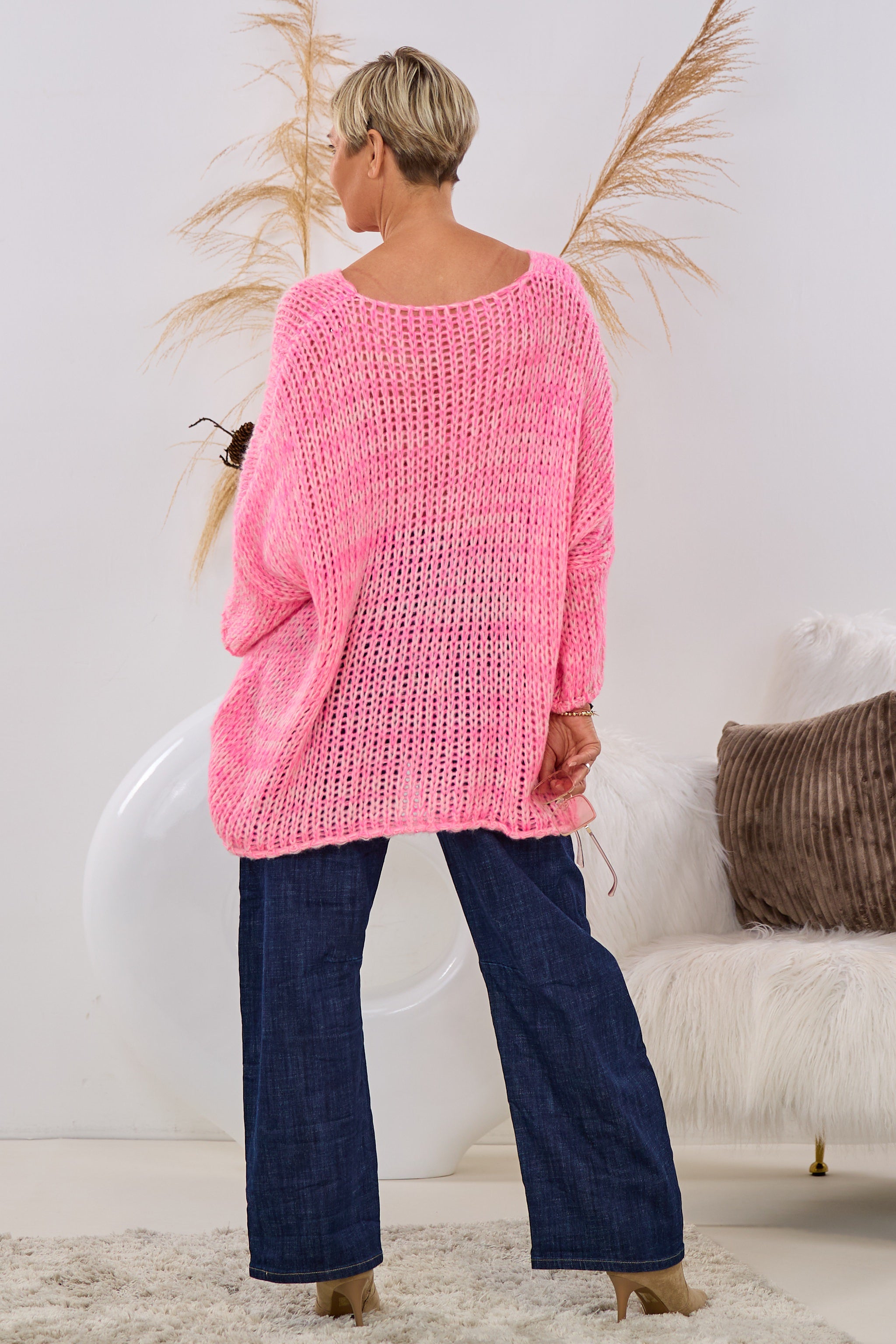 Oversized Strickpulli mit V-Ausschnitt, meliert, pink-ecru