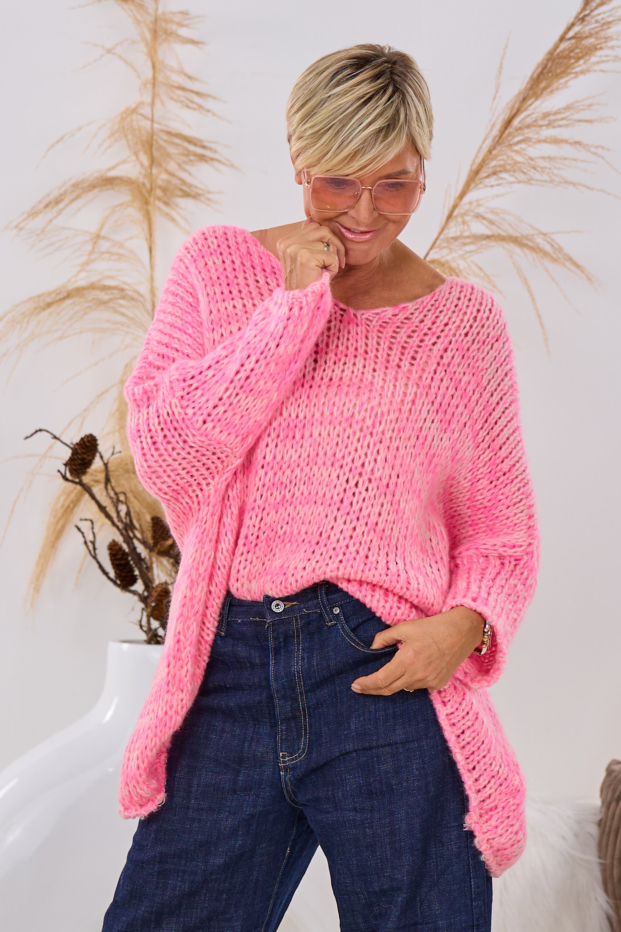 Oversized Strickpulli mit V-Ausschnitt, meliert, pink-ecru