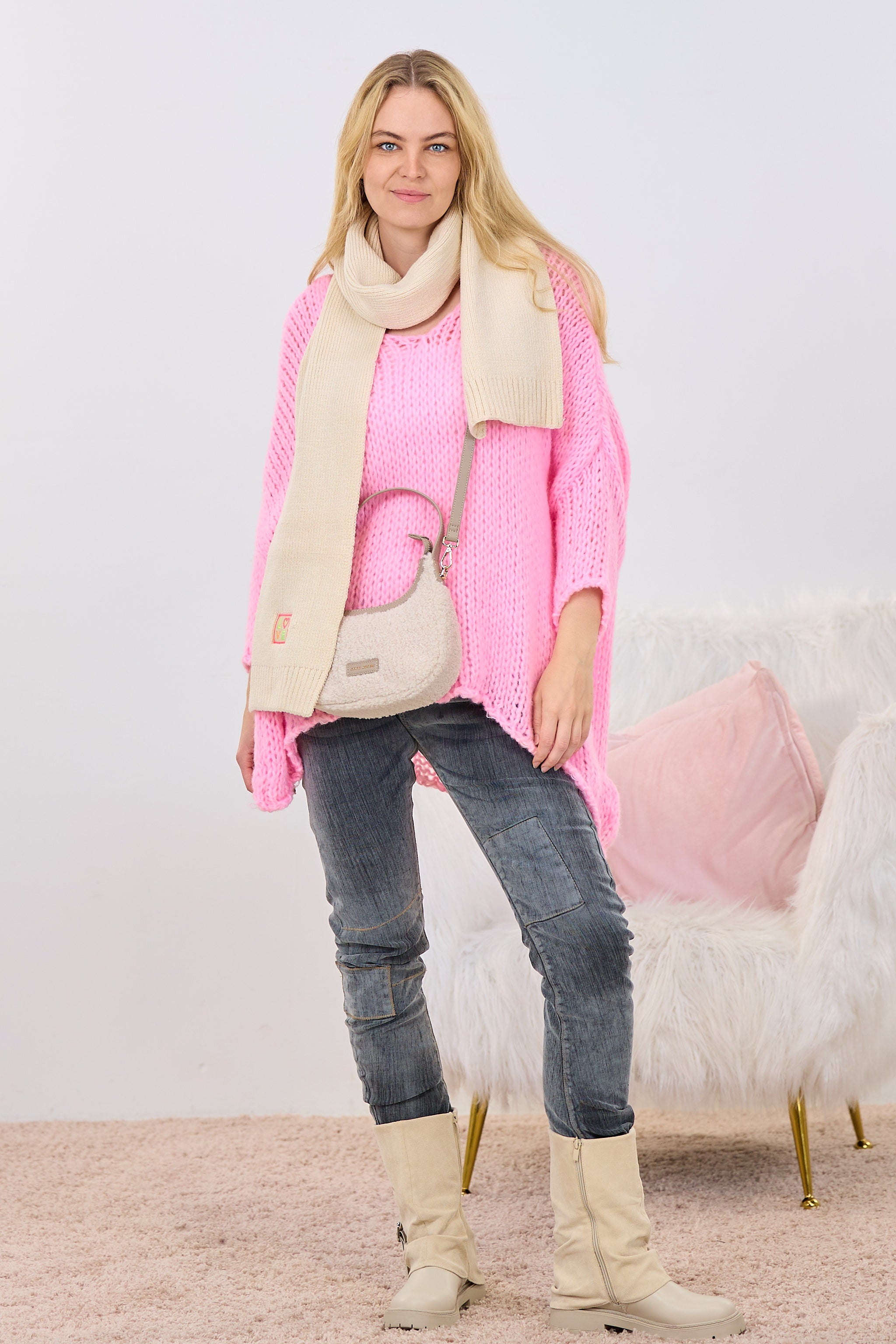 Oversized Strickpulli mit V-Ausschnitt, rosa