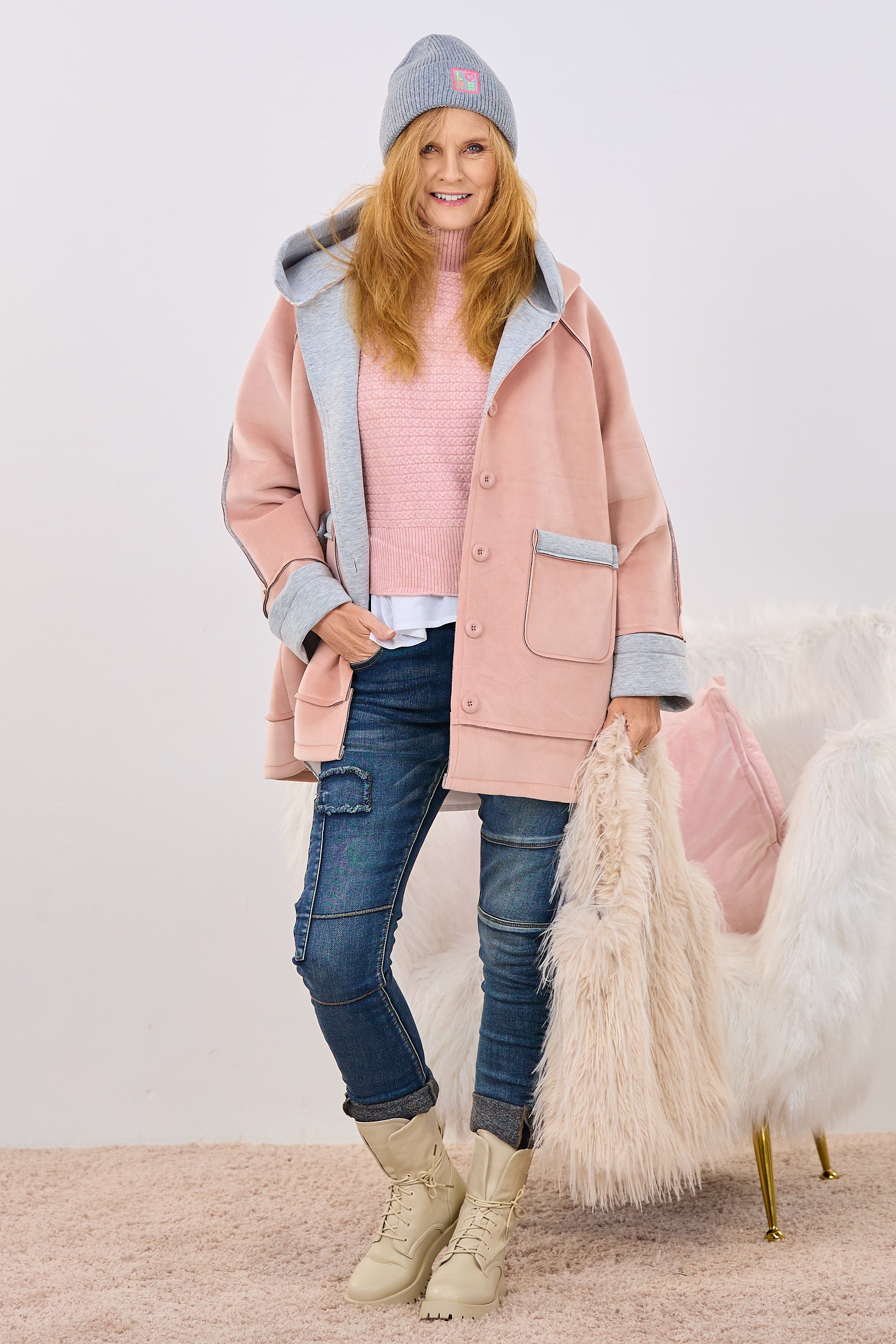 samtige Jacke, altrosa-grau-neonpink