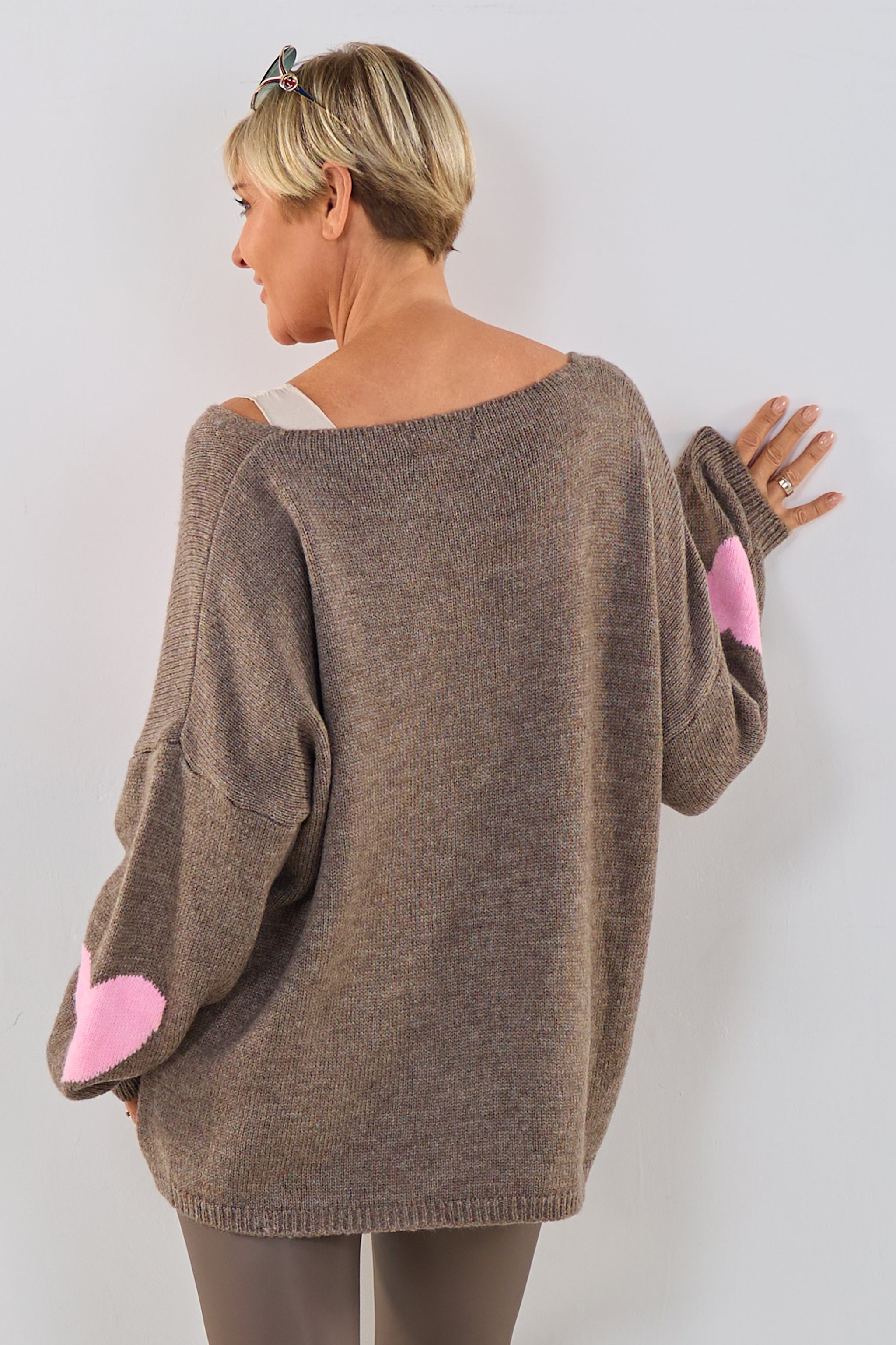 Oversized Strickpulli mit Herz, taupe-rosa