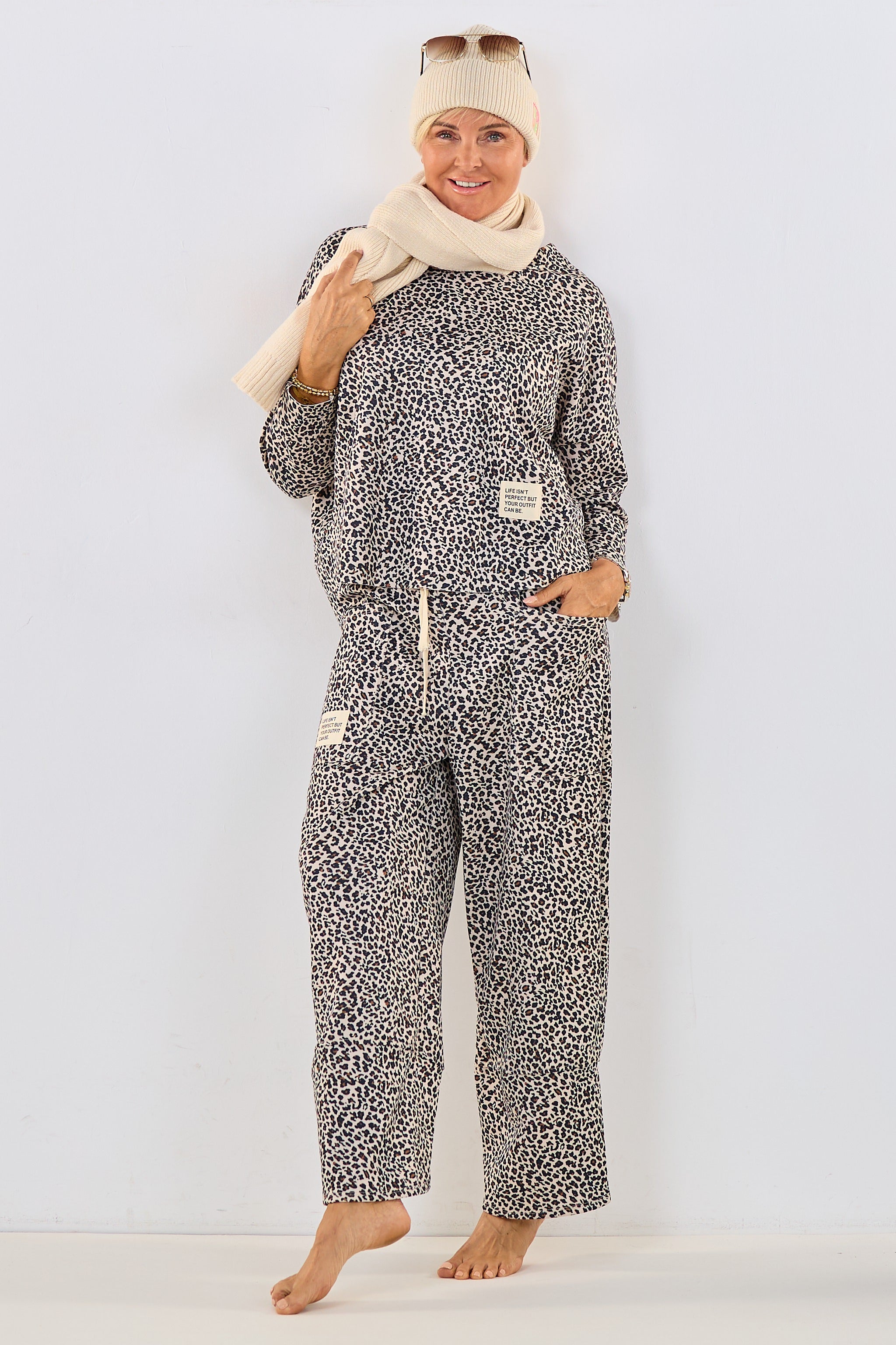 weite Hose im Leo-Look, creme-schwarz