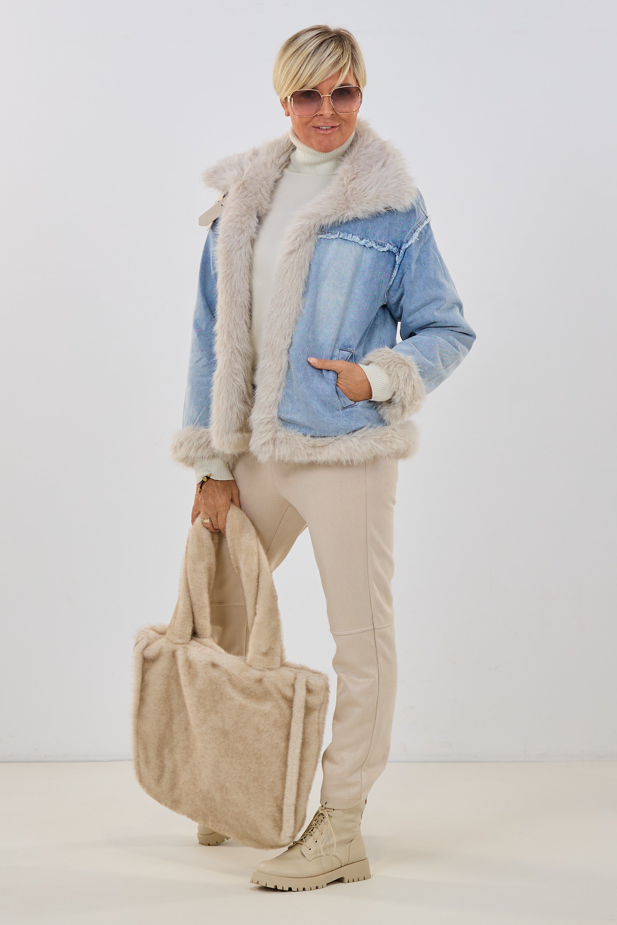 Jeans Wendejacke mit Fell, denim-beige