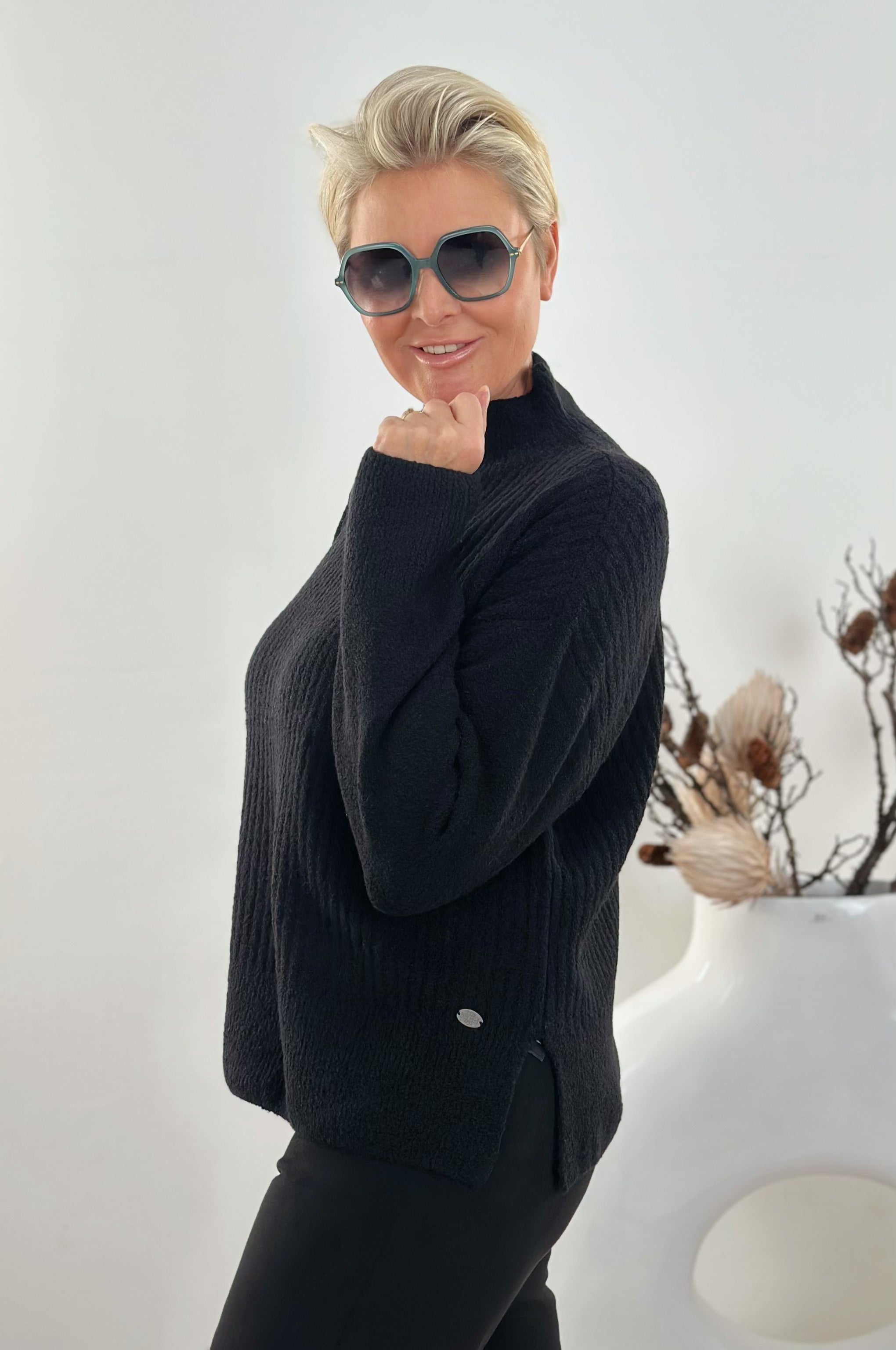 Mock-Neck-Pullover, schwarz
