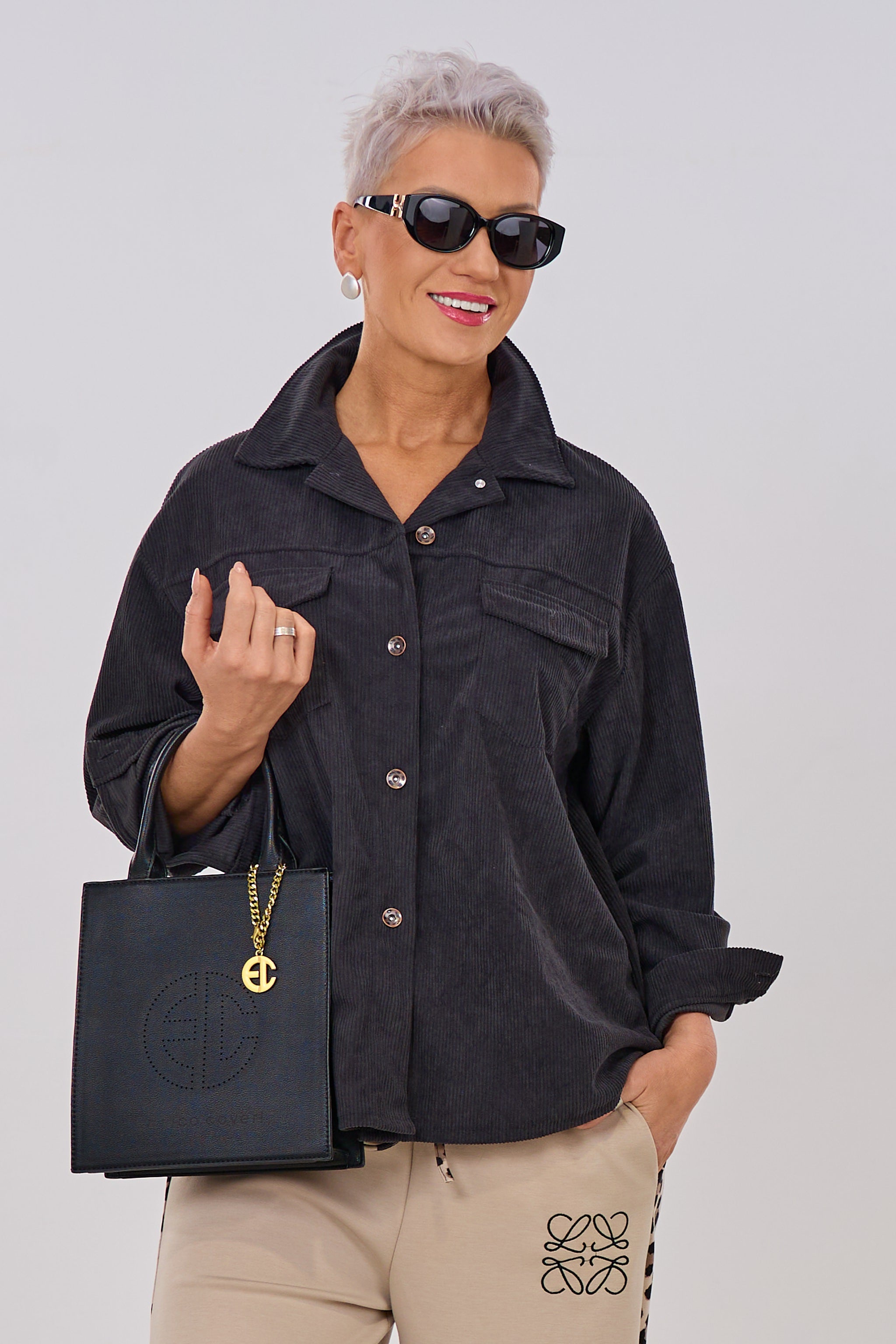 Lange Cord-Hemdjacke, anthrazit