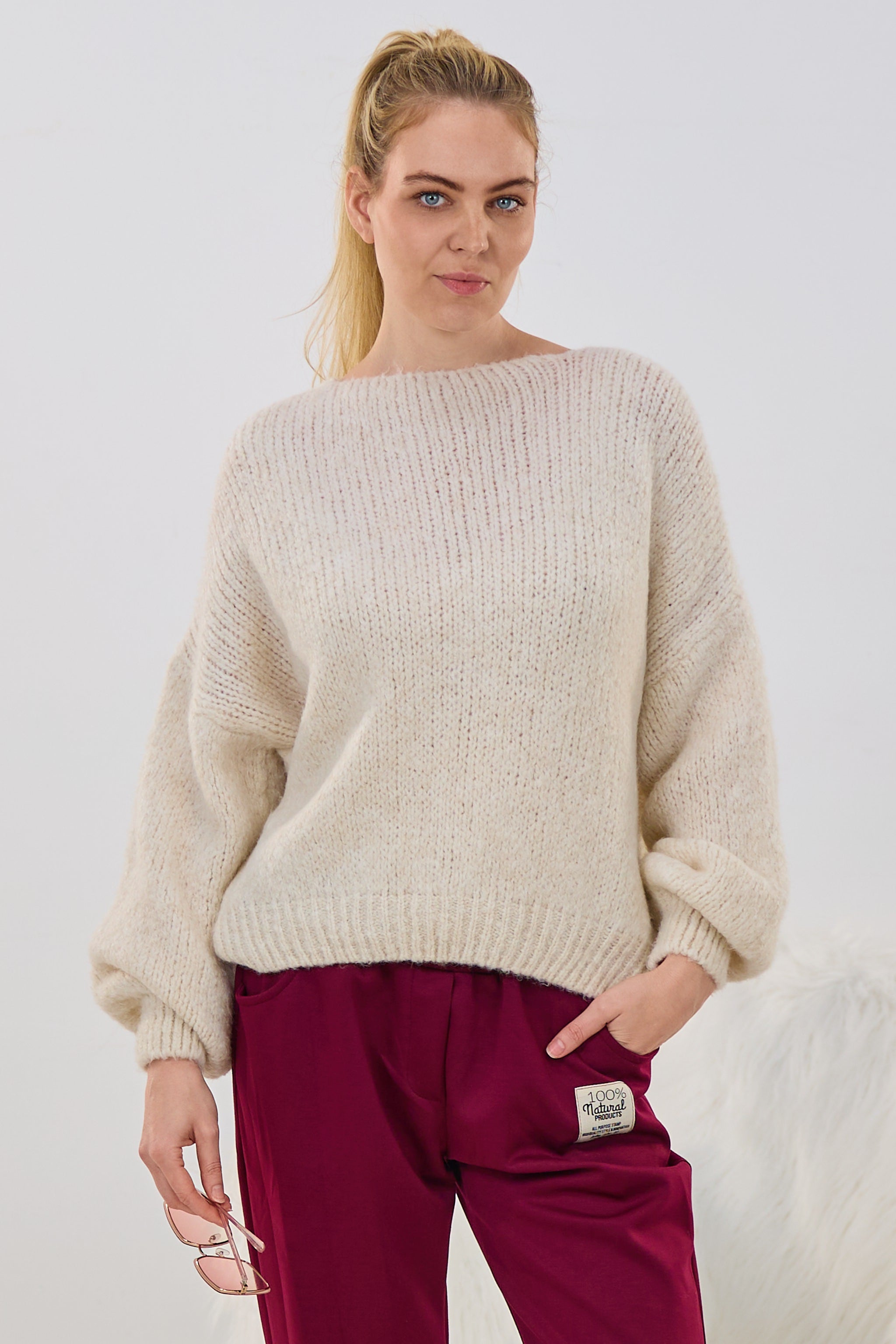 Pulli mit raffiniertem Vorderteil, hell beige