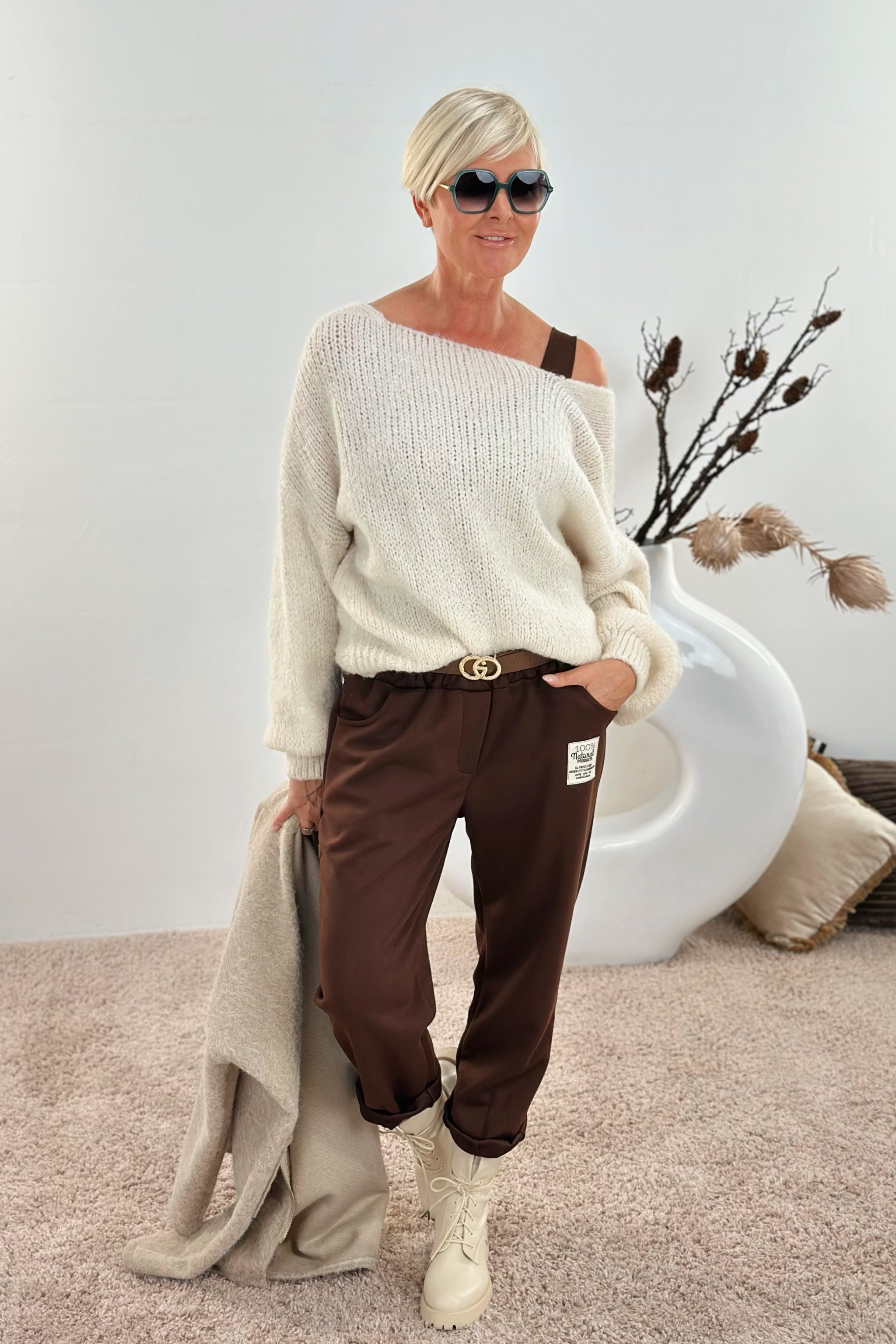 Cozy Hose mit Gürtel, schoko