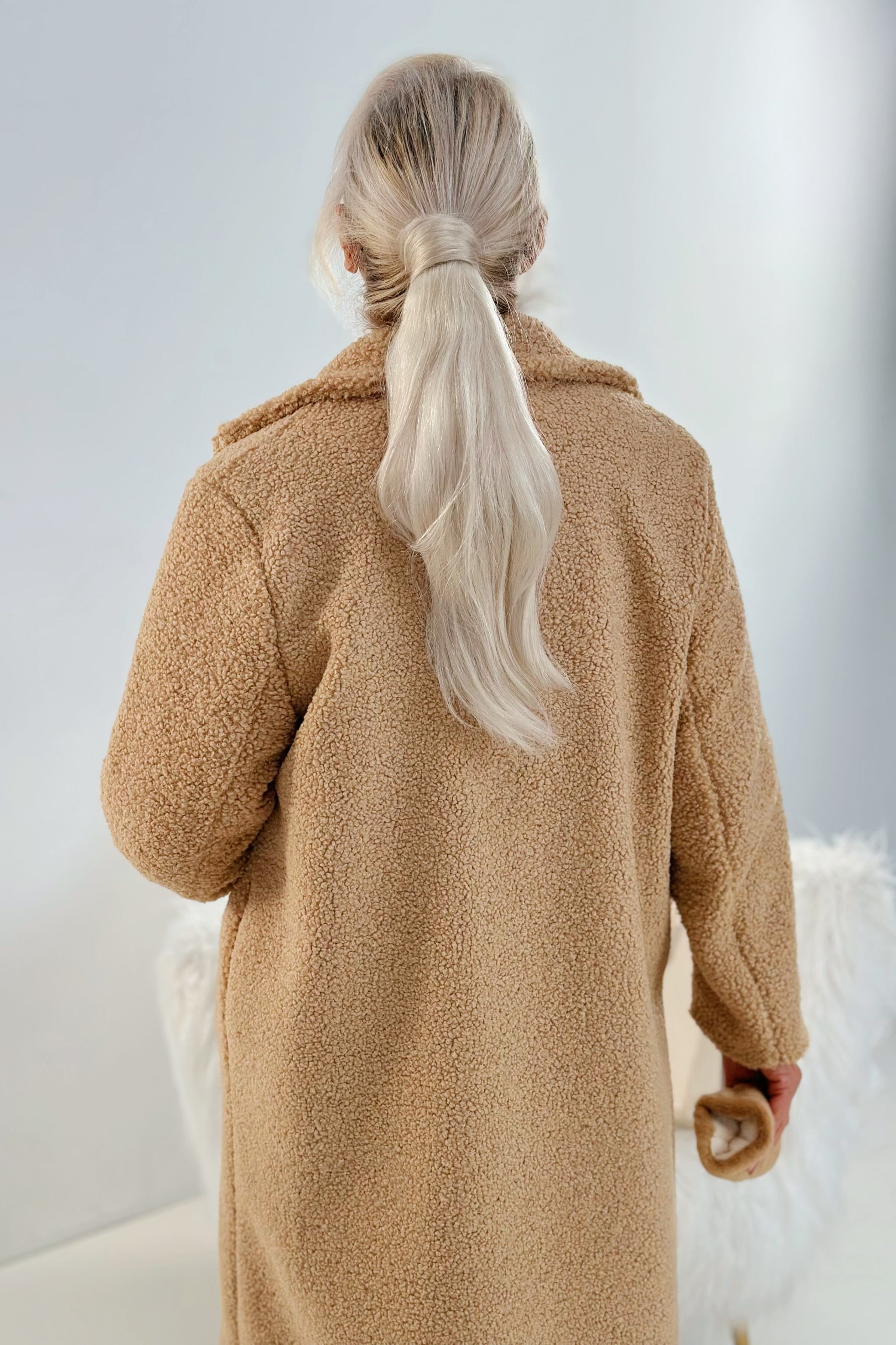 langer Teddymantel mit Revers, camel