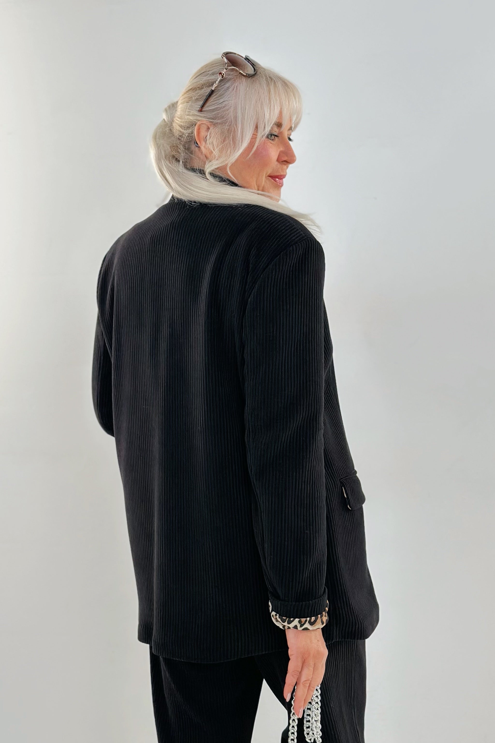Cord Blazer mit Leo-Futter, schwarz