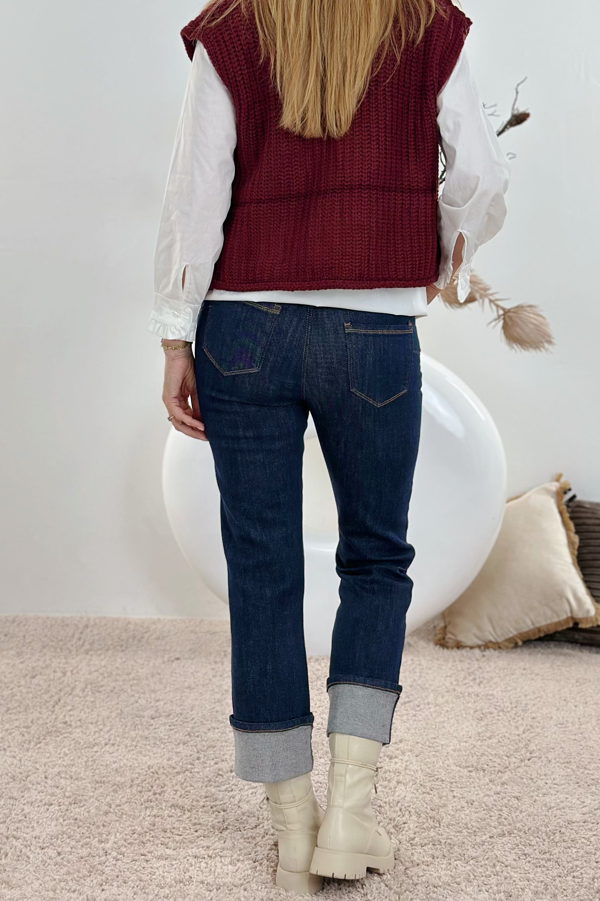 Push-Up Jeans mit breitem Aufschlag, dark denim