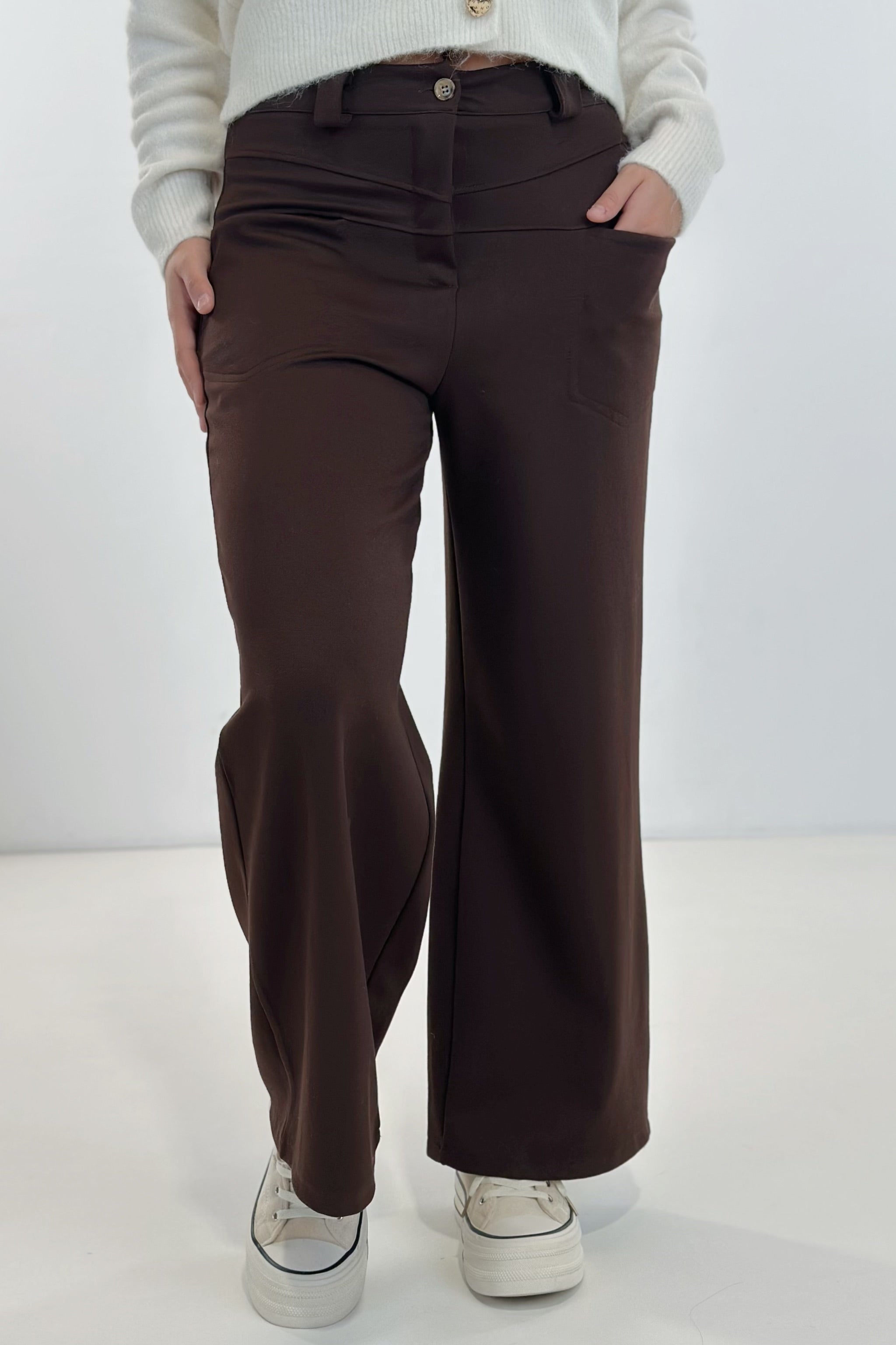 elastische Stoffhose mit Reißverschluss, braun