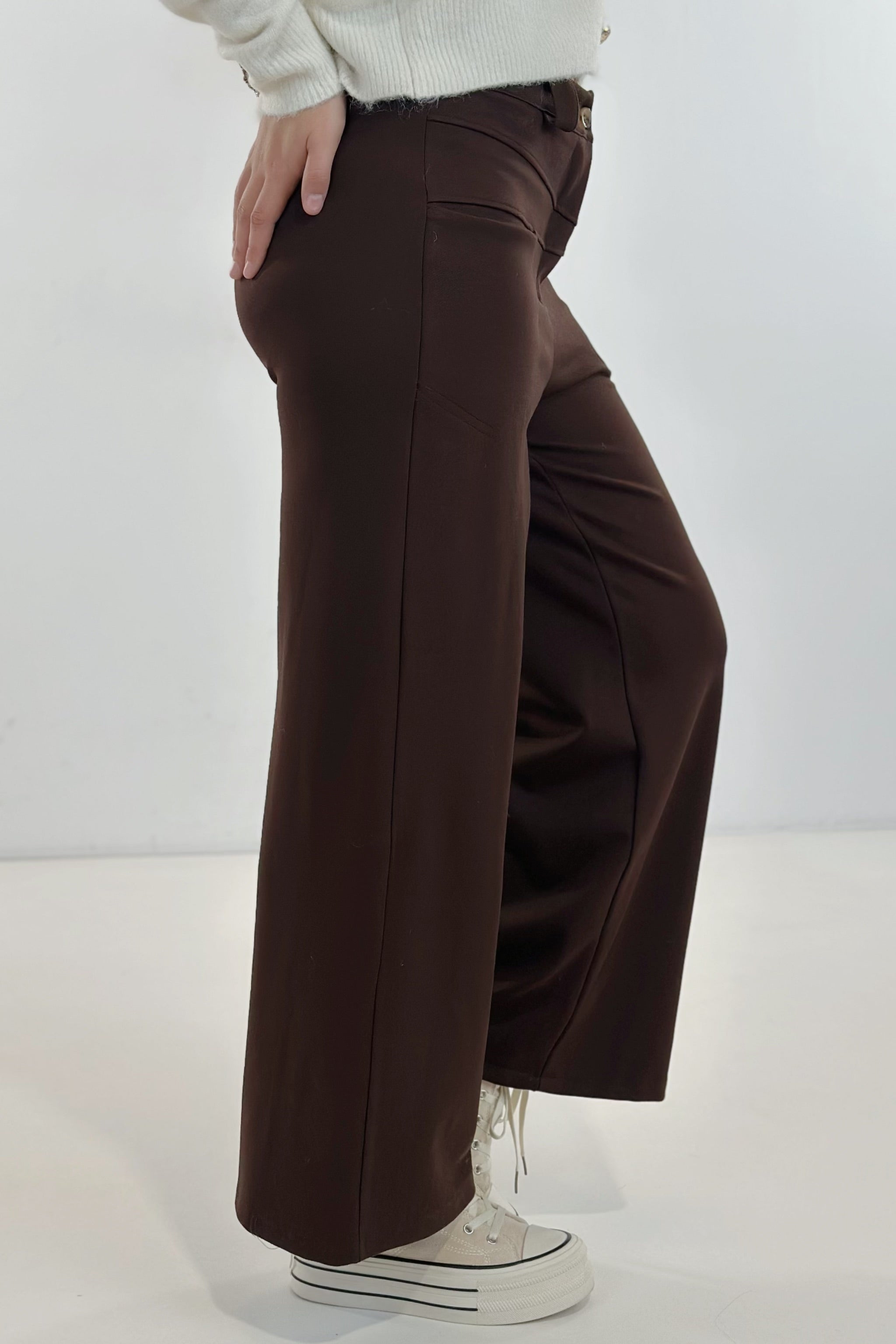 elastische Stoffhose mit Reißverschluss, braun