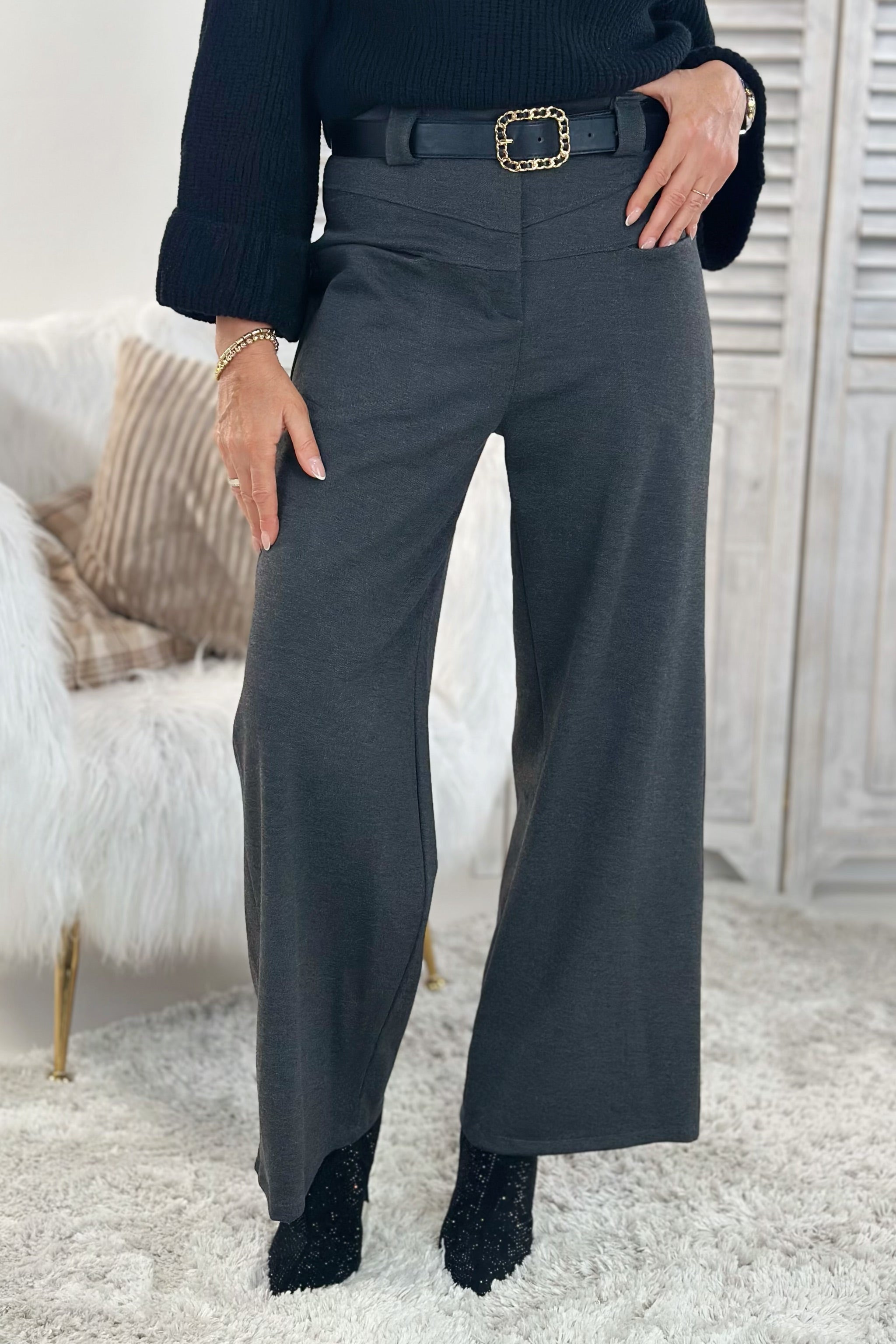 elastische Stoffhose mit Reißverschluss, anthrazit