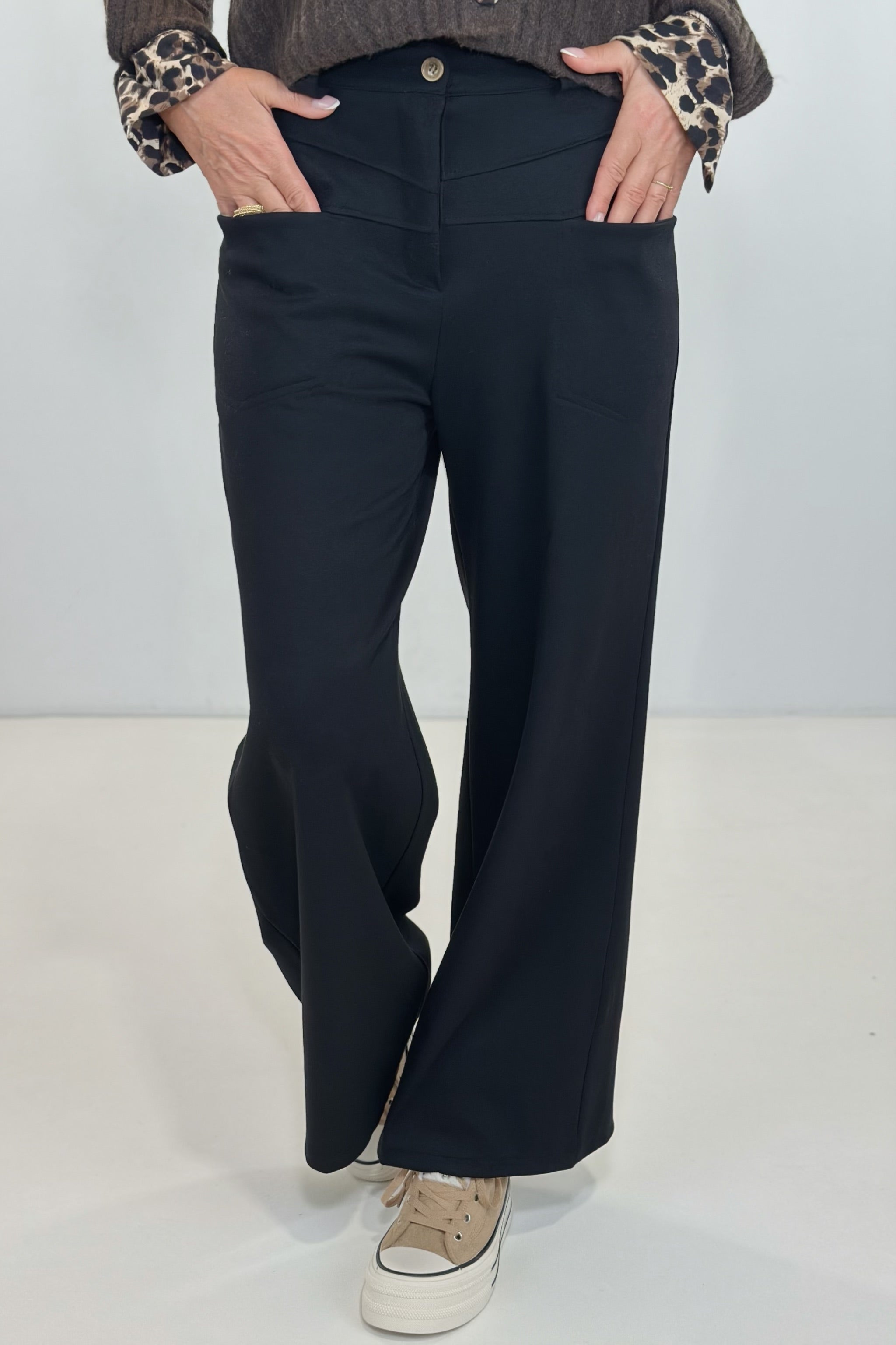 elastische Stoffhose mit Reißverschluss, schwarz