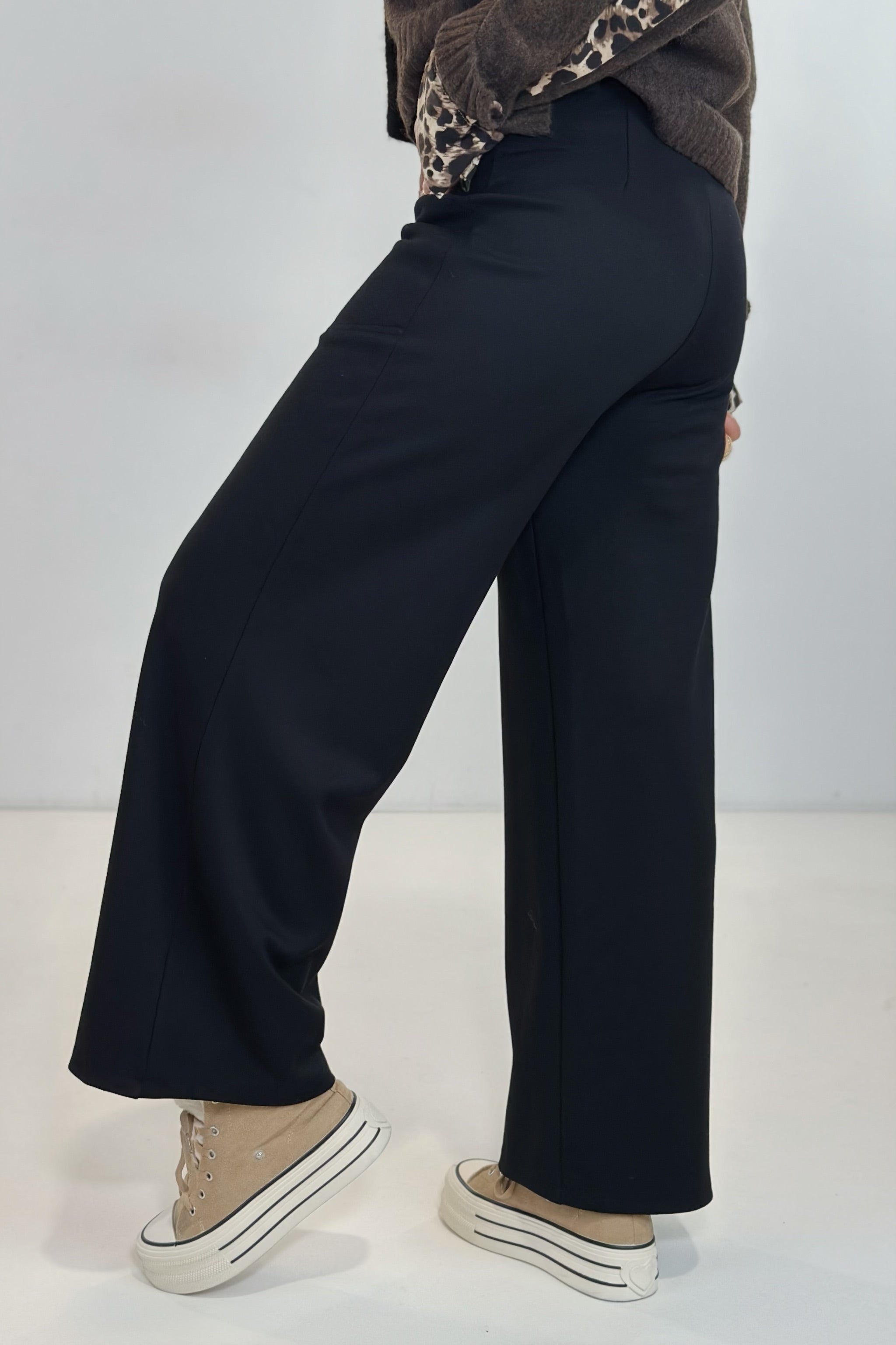 elastische Stoffhose mit Reißverschluss, schwarz