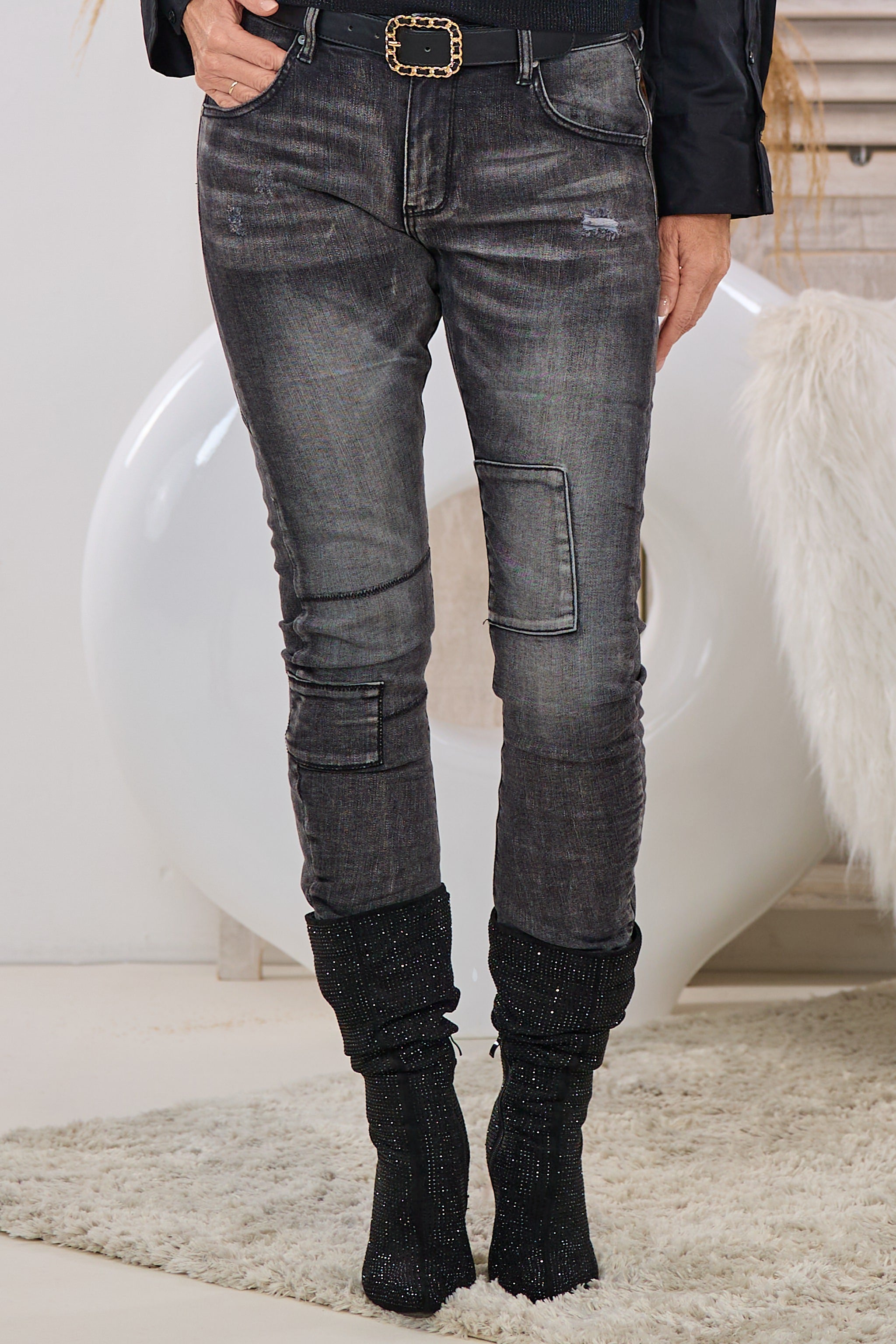 Coole Jeans mit Jeans-Patches, schwarz-used