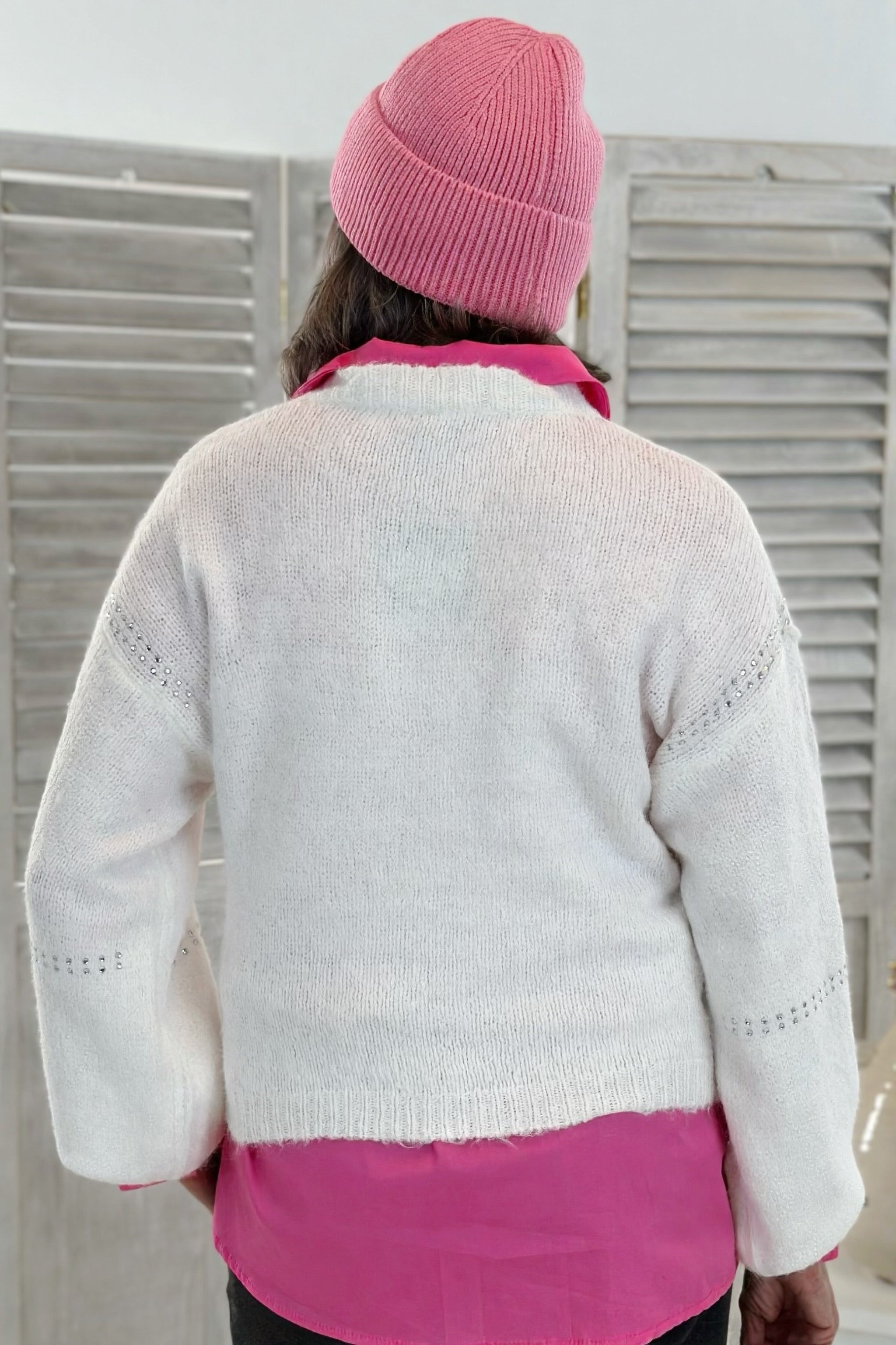 Strickpulli mit Strass-Steinchen, ecru