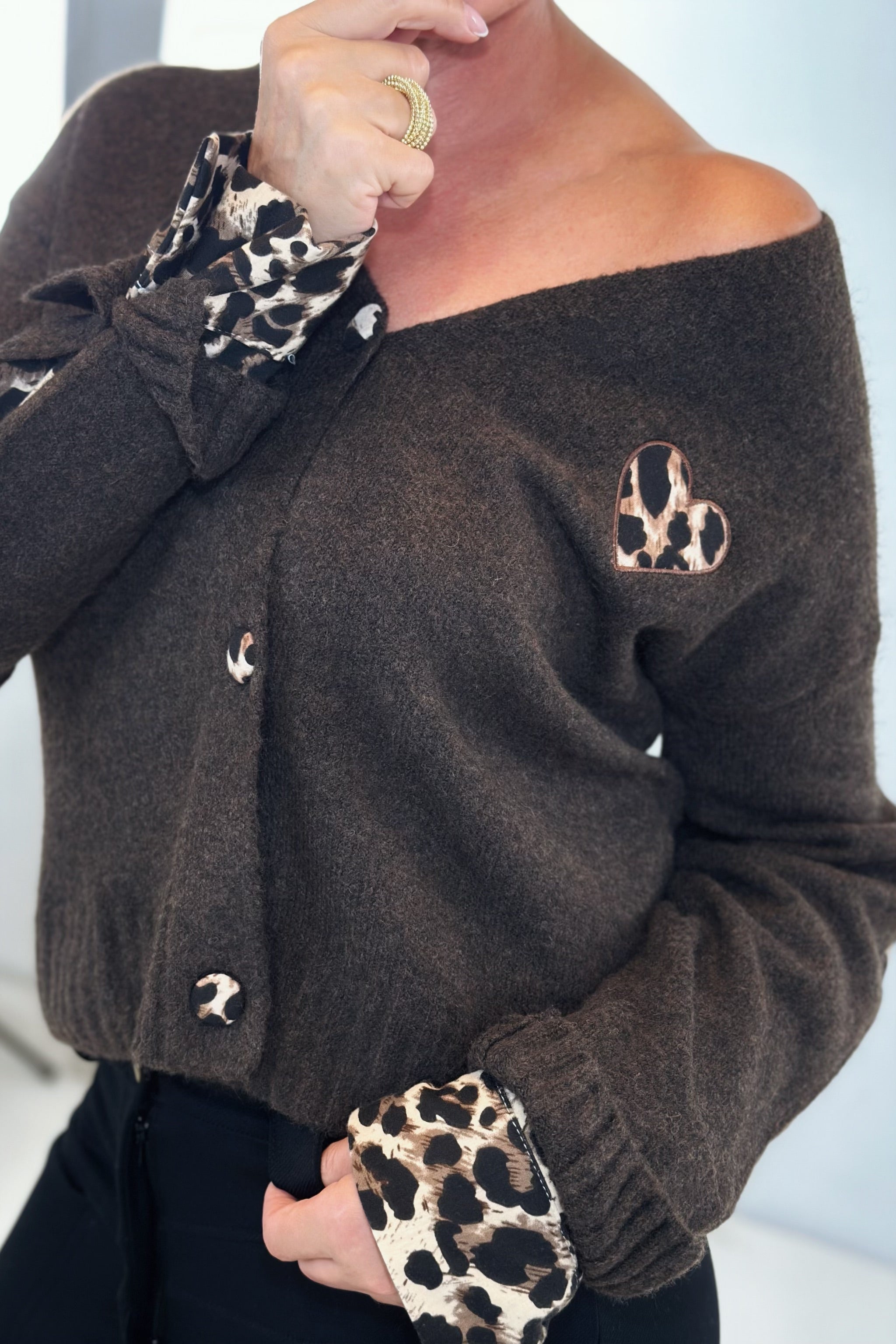 Cardigan mit Leo-Einsatz, braun-meliert