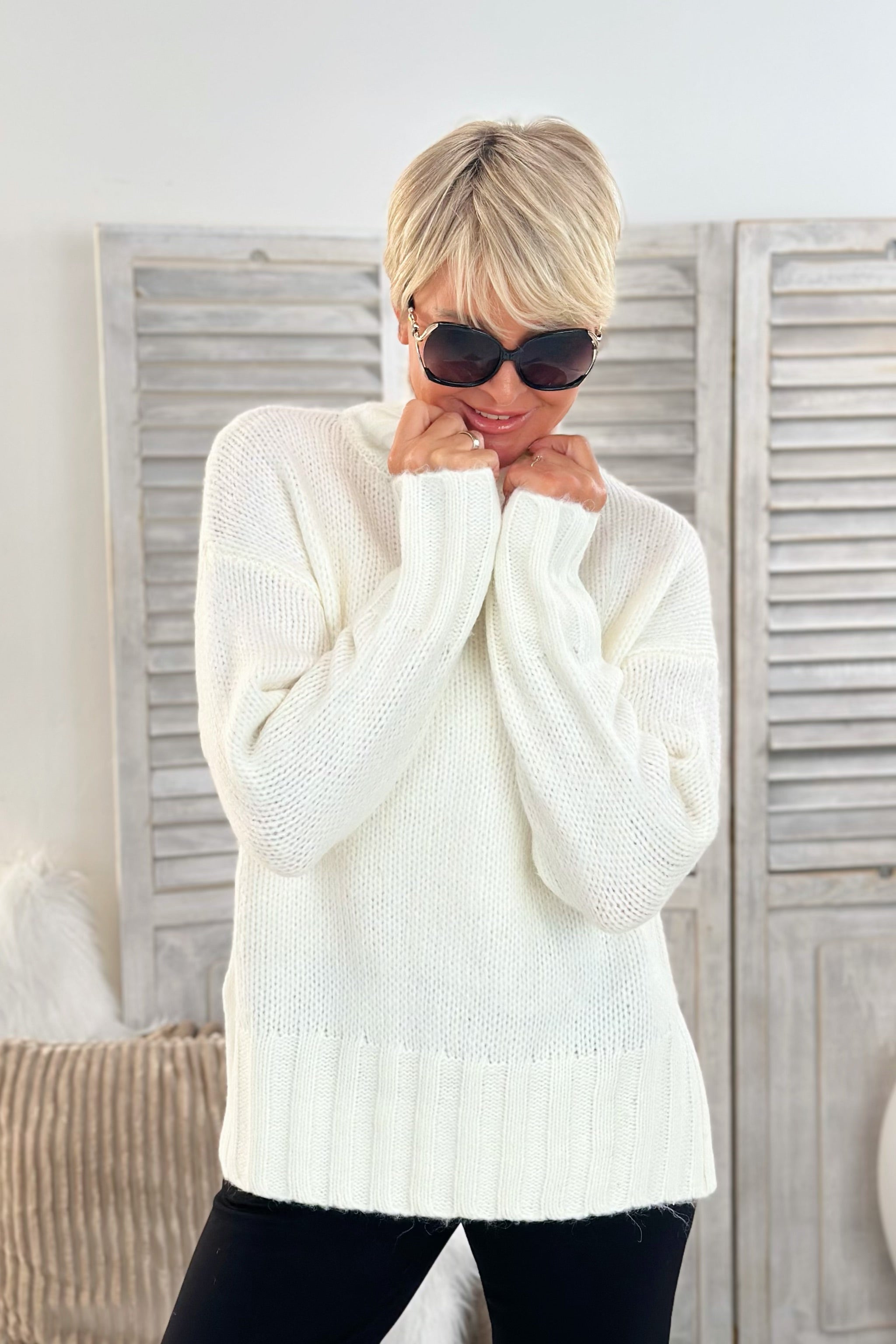 Rollkragen Strickpullover, ecru