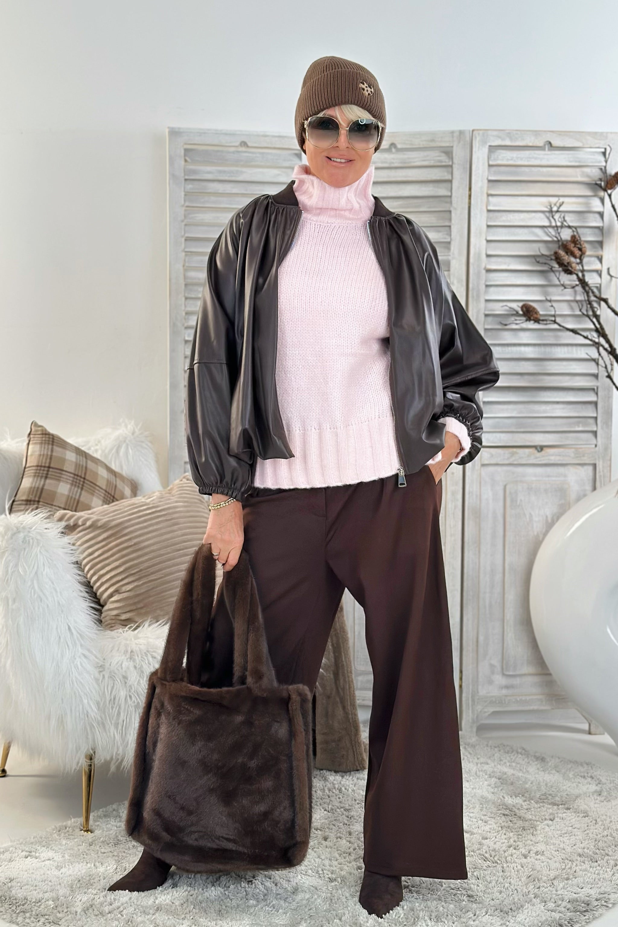 Rollkragen Strickpullover, rosa