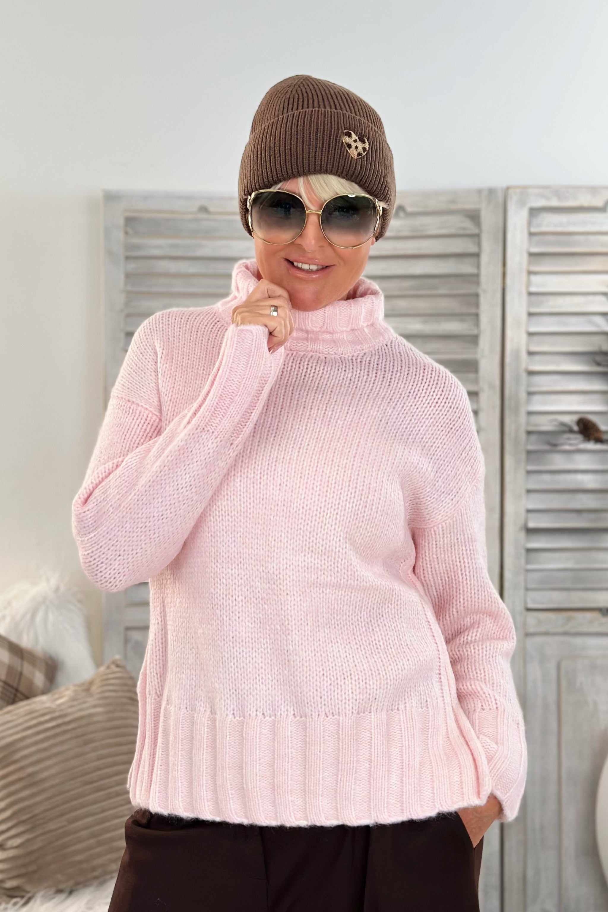 Rollkragen Strickpullover, rosa