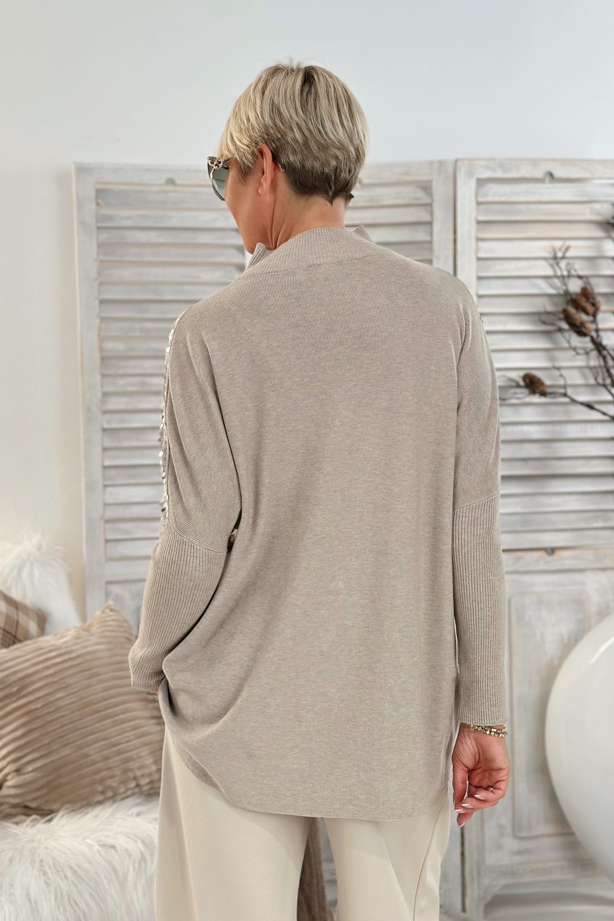 Strickpulli mit Pailletten und Turtleneck, taupe-silber