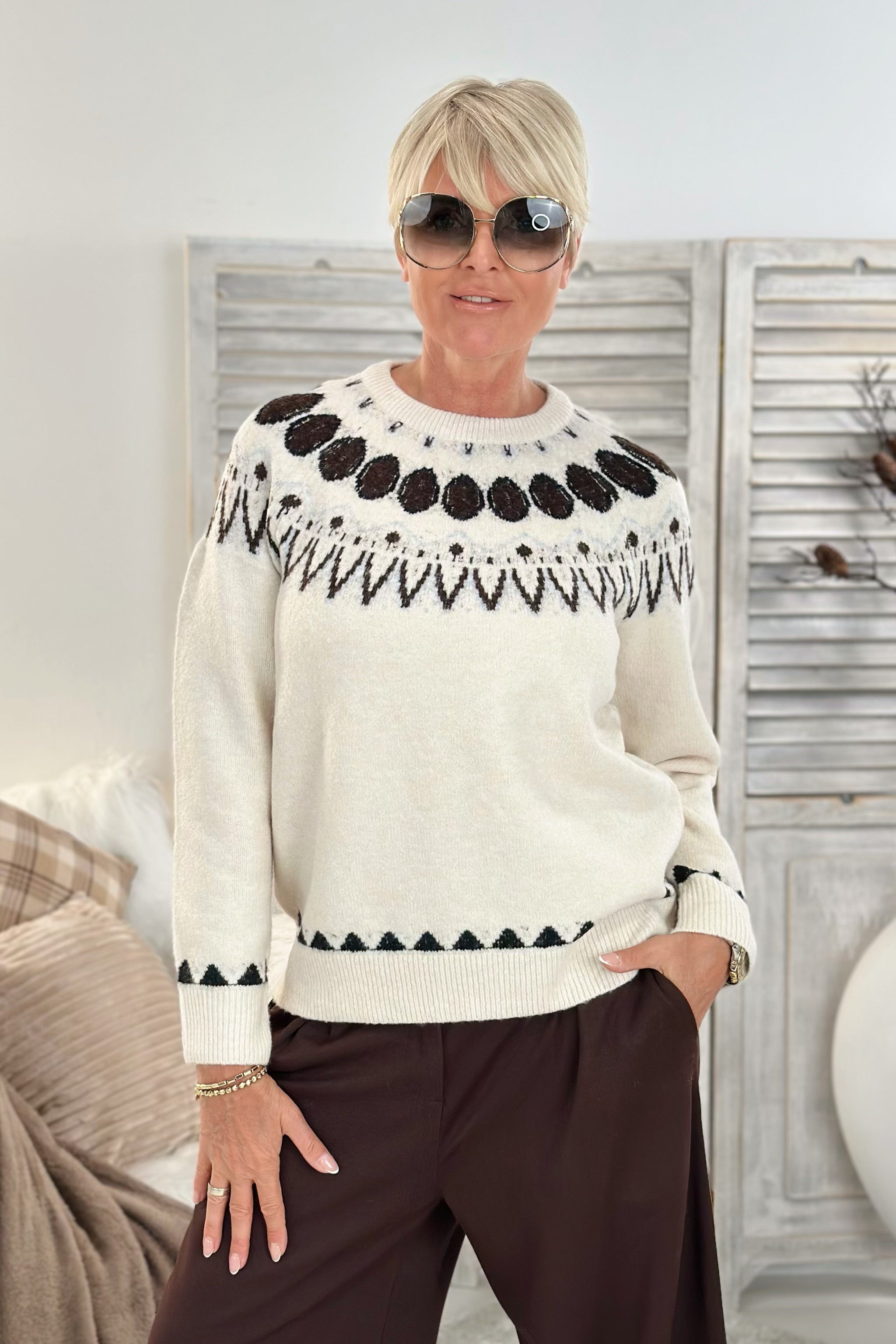 Strickpulli mit Norweger-Muster, creme-braun