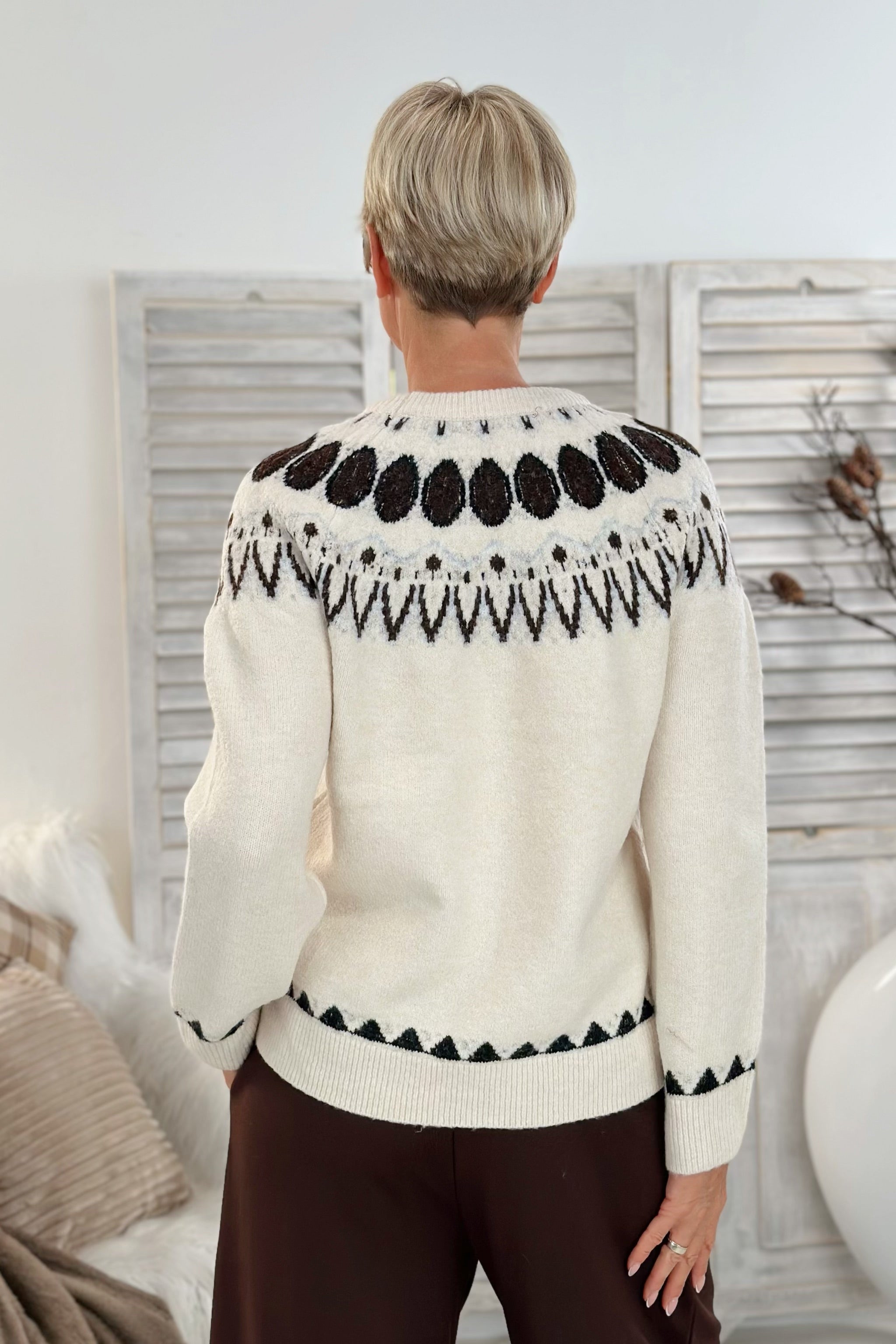 Strickpulli mit Norweger-Muster, creme-braun