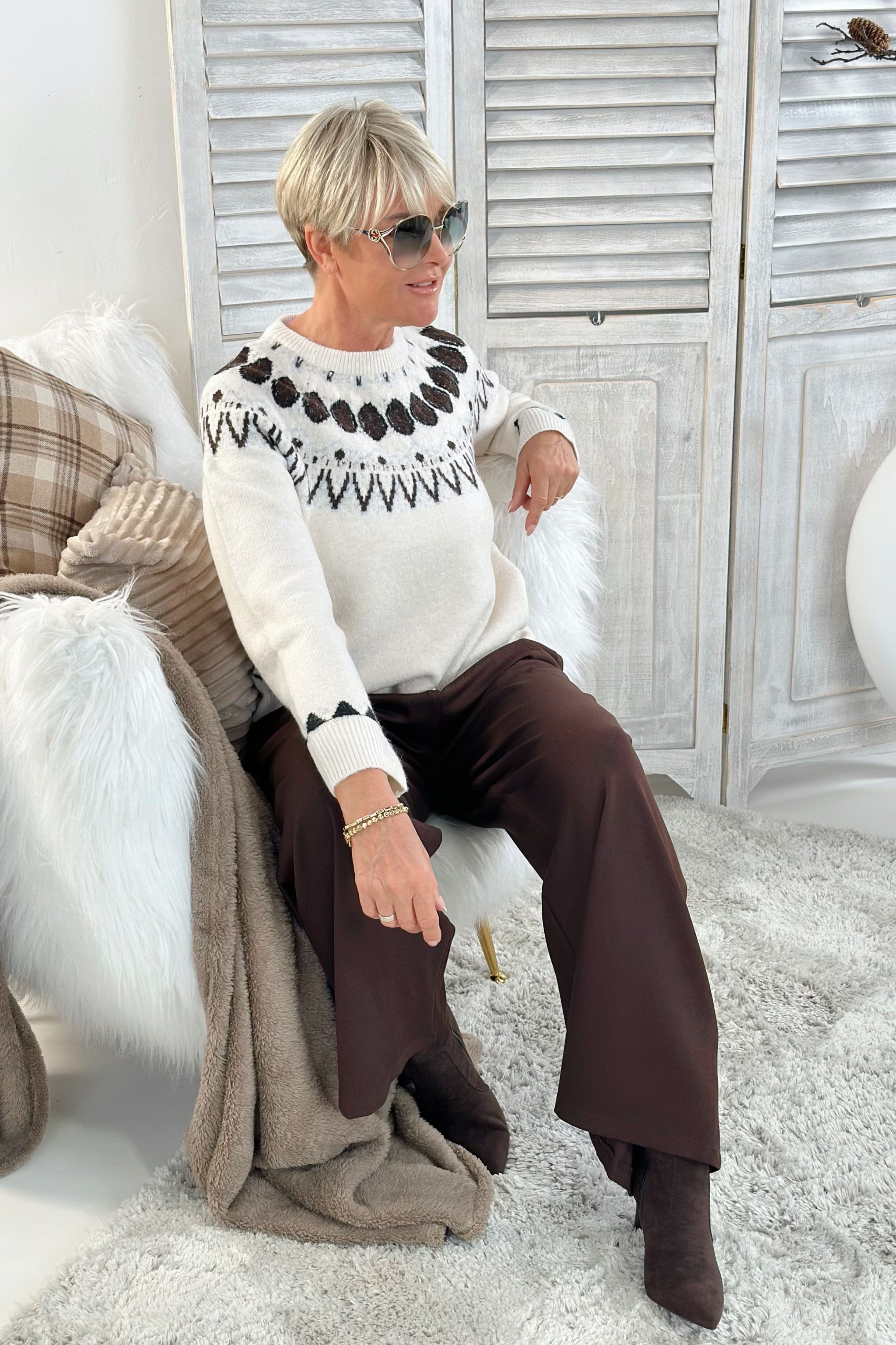 Strickpulli mit Norweger-Muster, creme-braun
