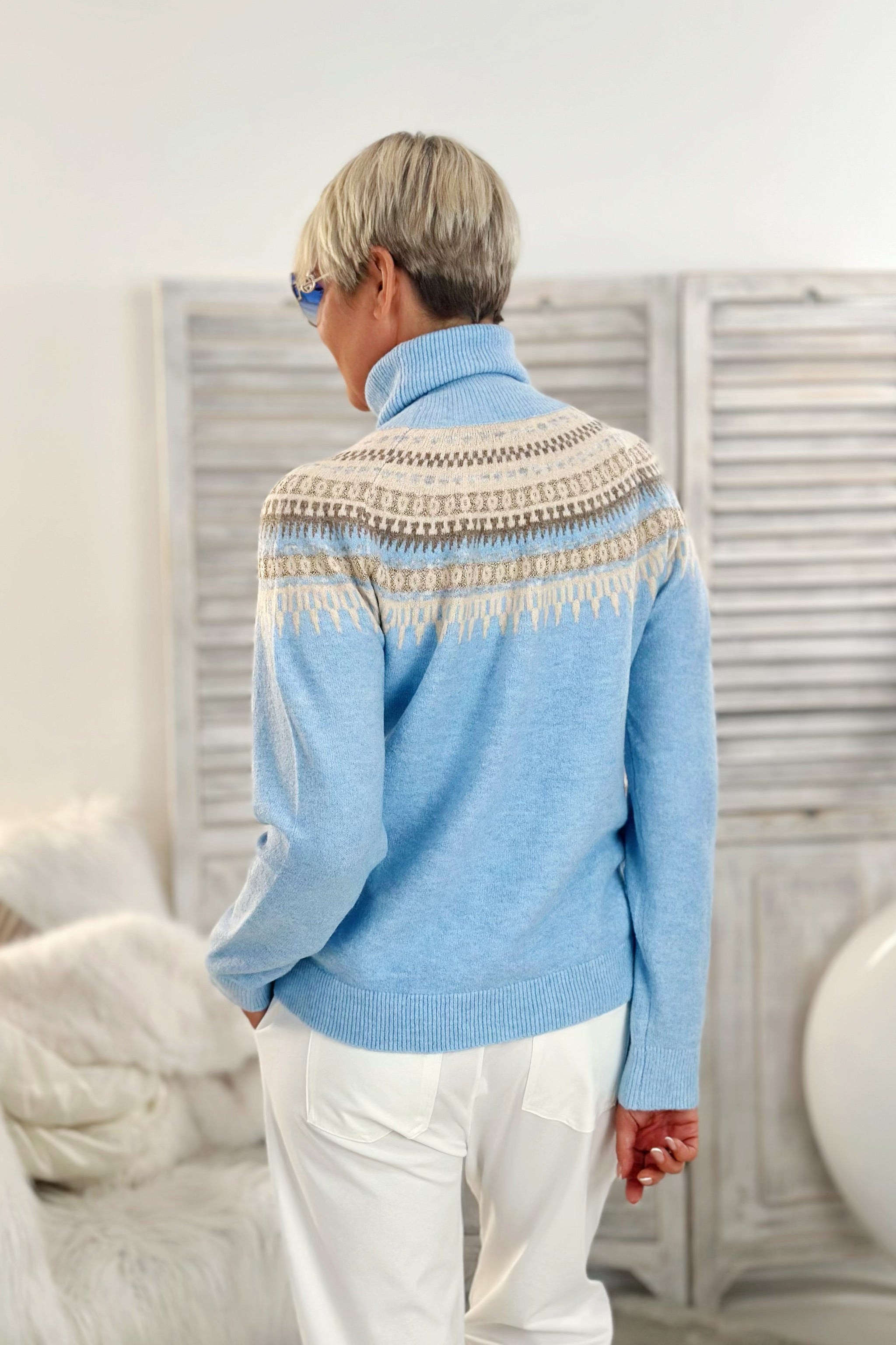 Rollkragenpullover mit Norweger-Muster, hellblau-melliert-beige