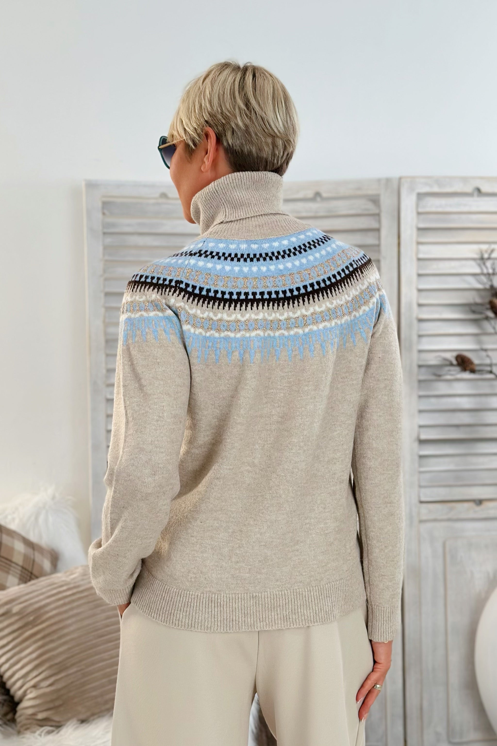 Rollkragenpullover mit Norweger-Muster, beige-melliert-hellblau