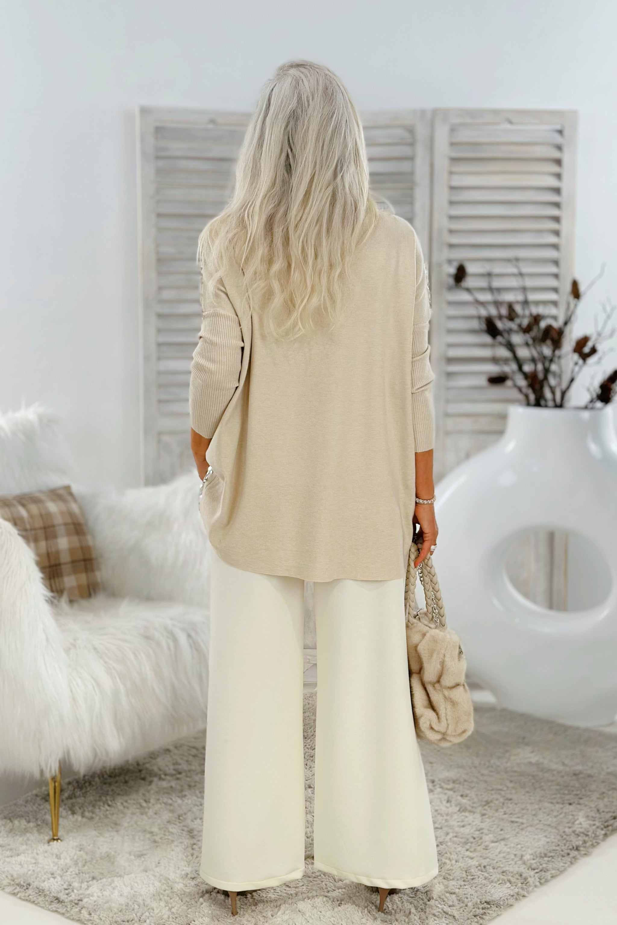 Strickpulli mit Pailletten und Turtleneck, beige-silber